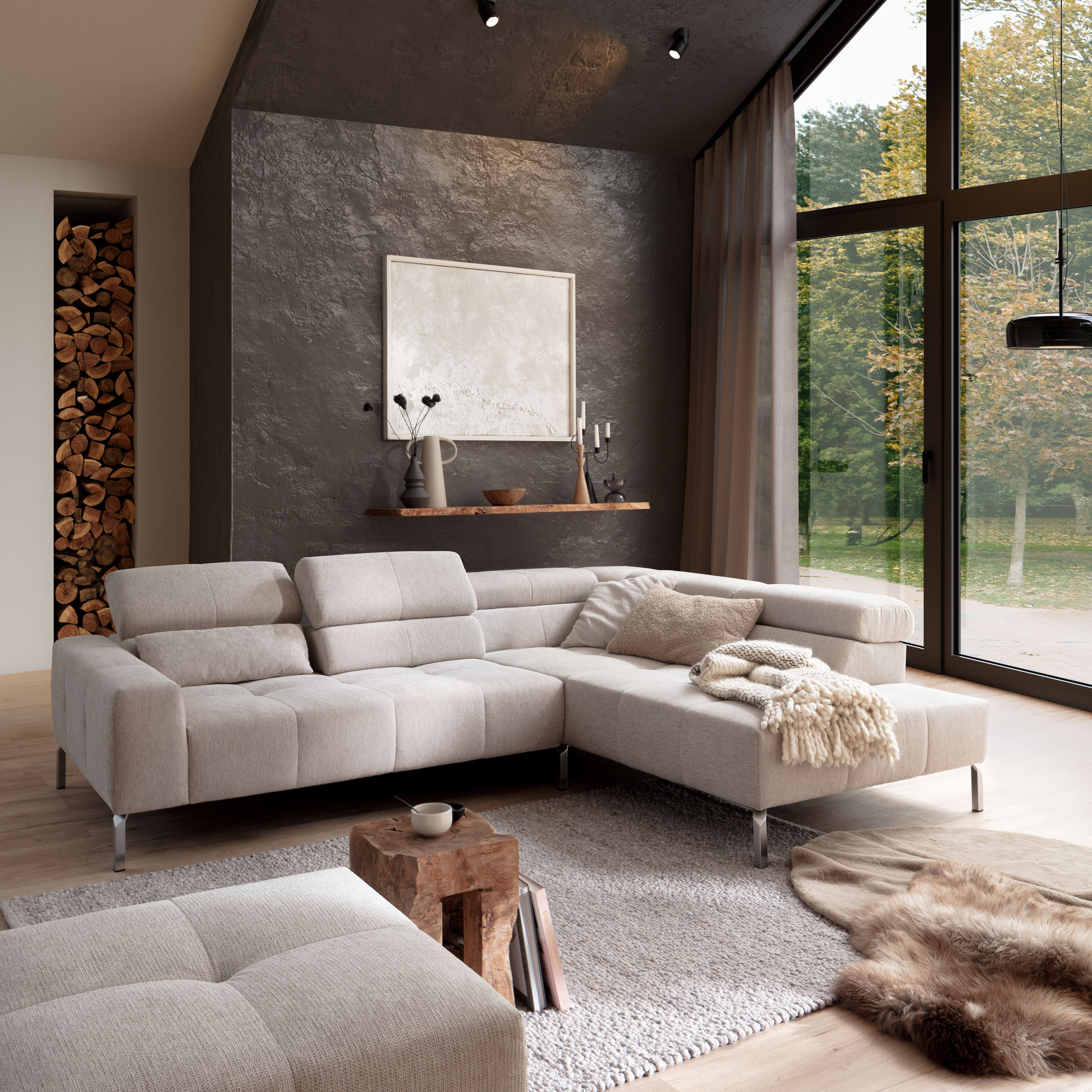 Ecksofa mit Ottomane in moderner Wohnraumszene mit Teppich und großen Fenstern