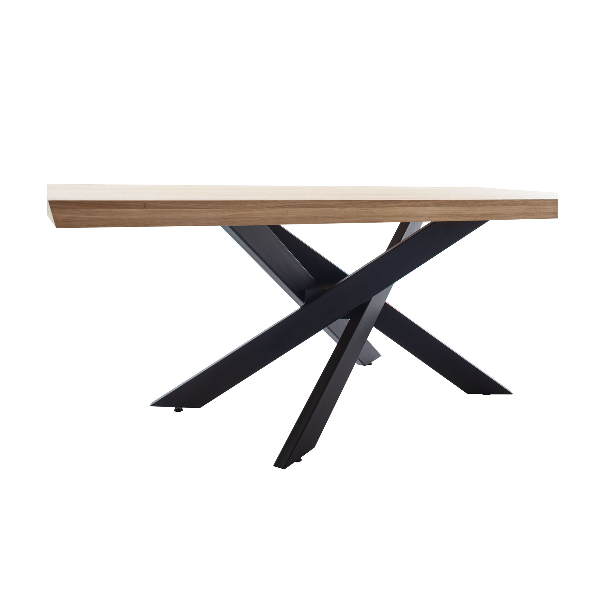 Esstisch mit rechteckiger Holzplatte und X Gestell aus seitlicher Perspektive