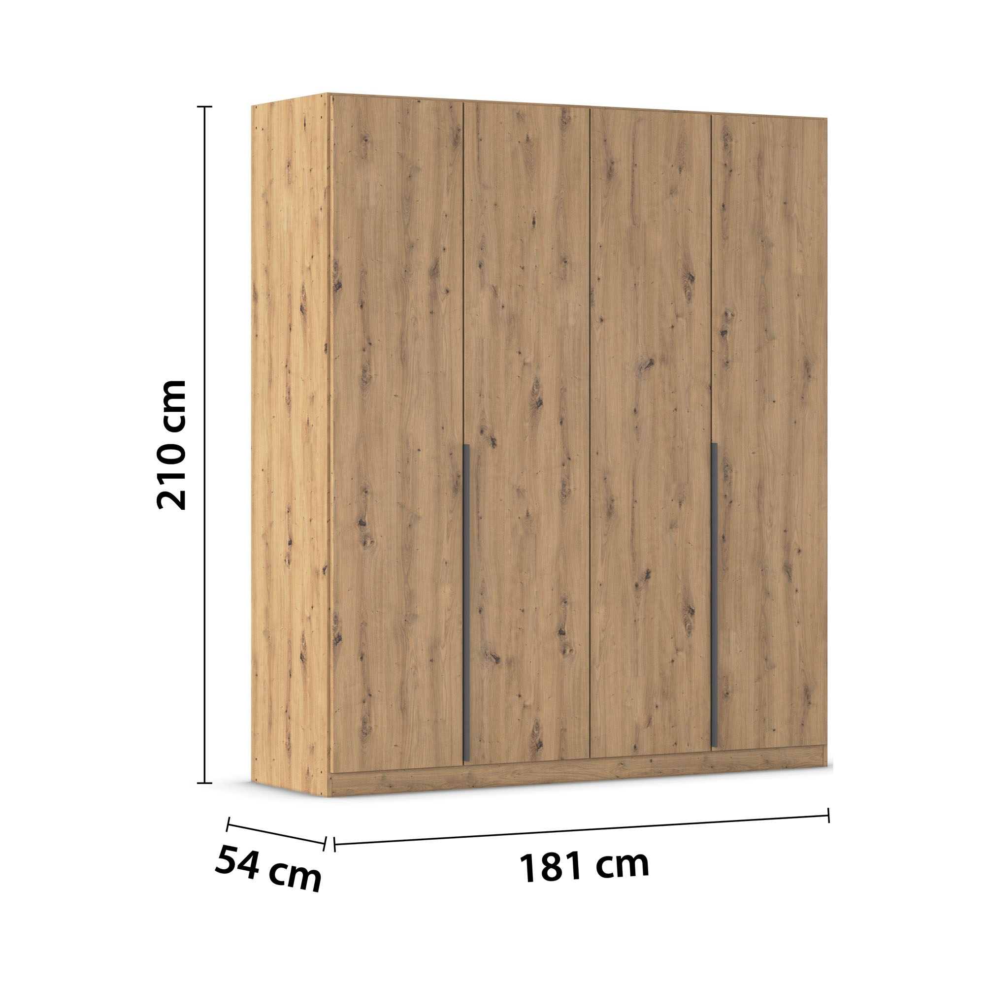 4-türiger Kleiderschrank in Eiche Artisan mit Maßangaben Breite 181 cm, Höhe 210 cm und Tiefe 54 cm