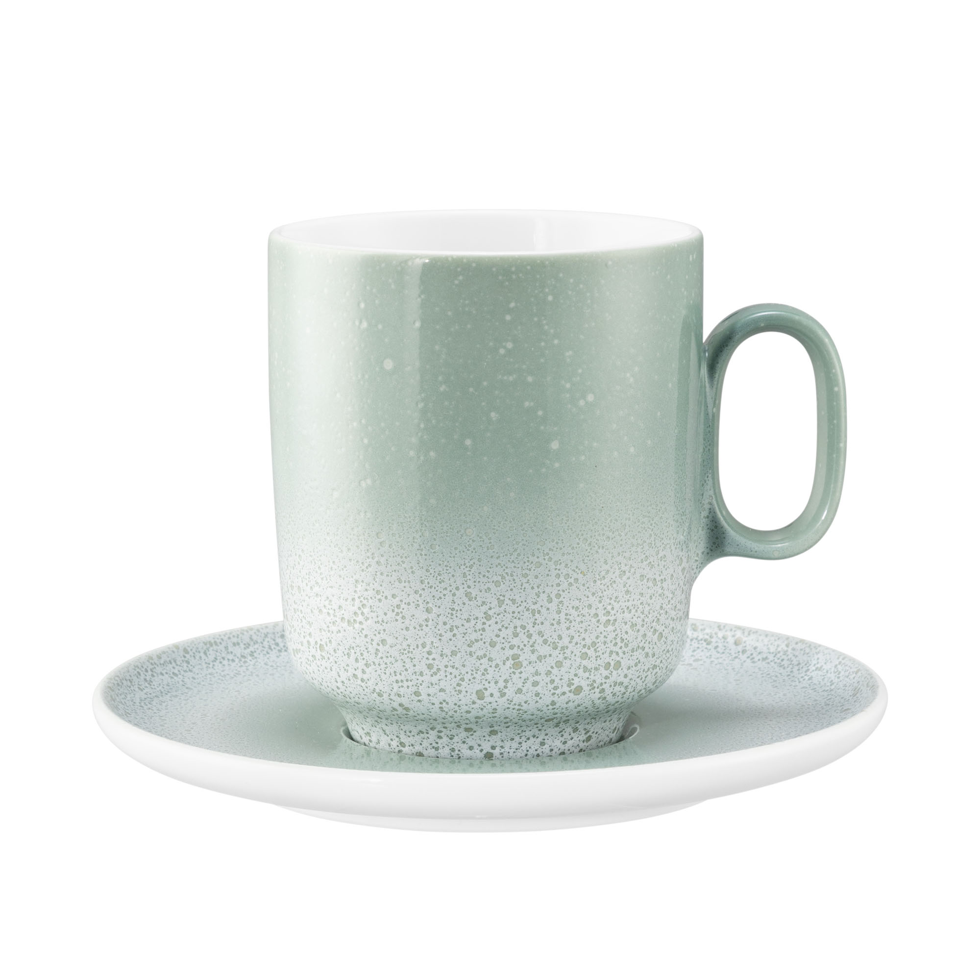 Gedeck in Mint und Weiß. gesprenkelter Becher auf runder Untertasse. Ansicht: zusammengestellte Ansicht.
