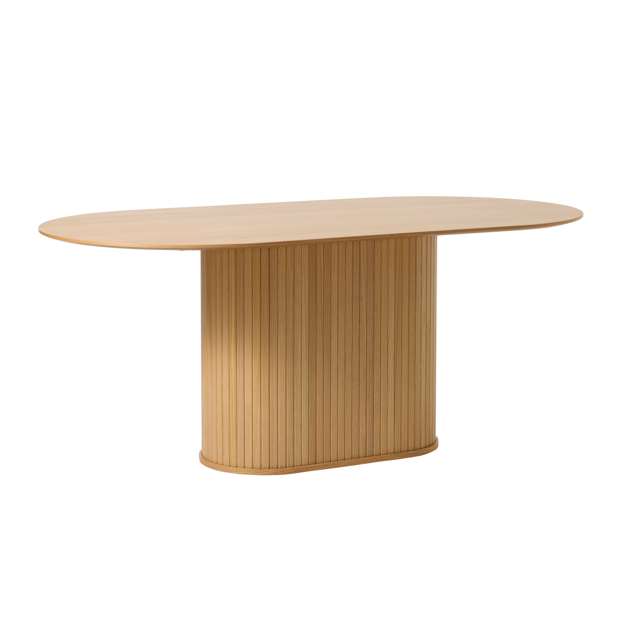 Ovaler Esstisch aus heller Eiche mit zentralem, lamellenverkleidetem Tischfuß, minimalistisches skandinavisches Design