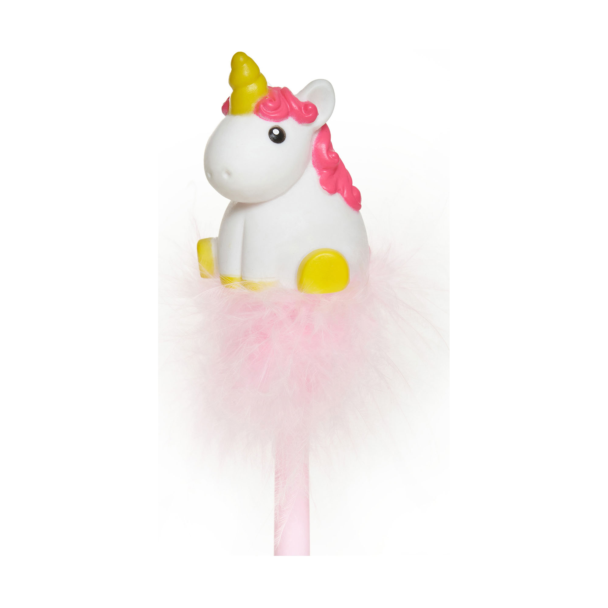 Rosa leuchtender Gelstift mit Einhornfigur, in Nahaufnahme mit weißer Einhornfigur und rosa Federbesatz gezeigt.