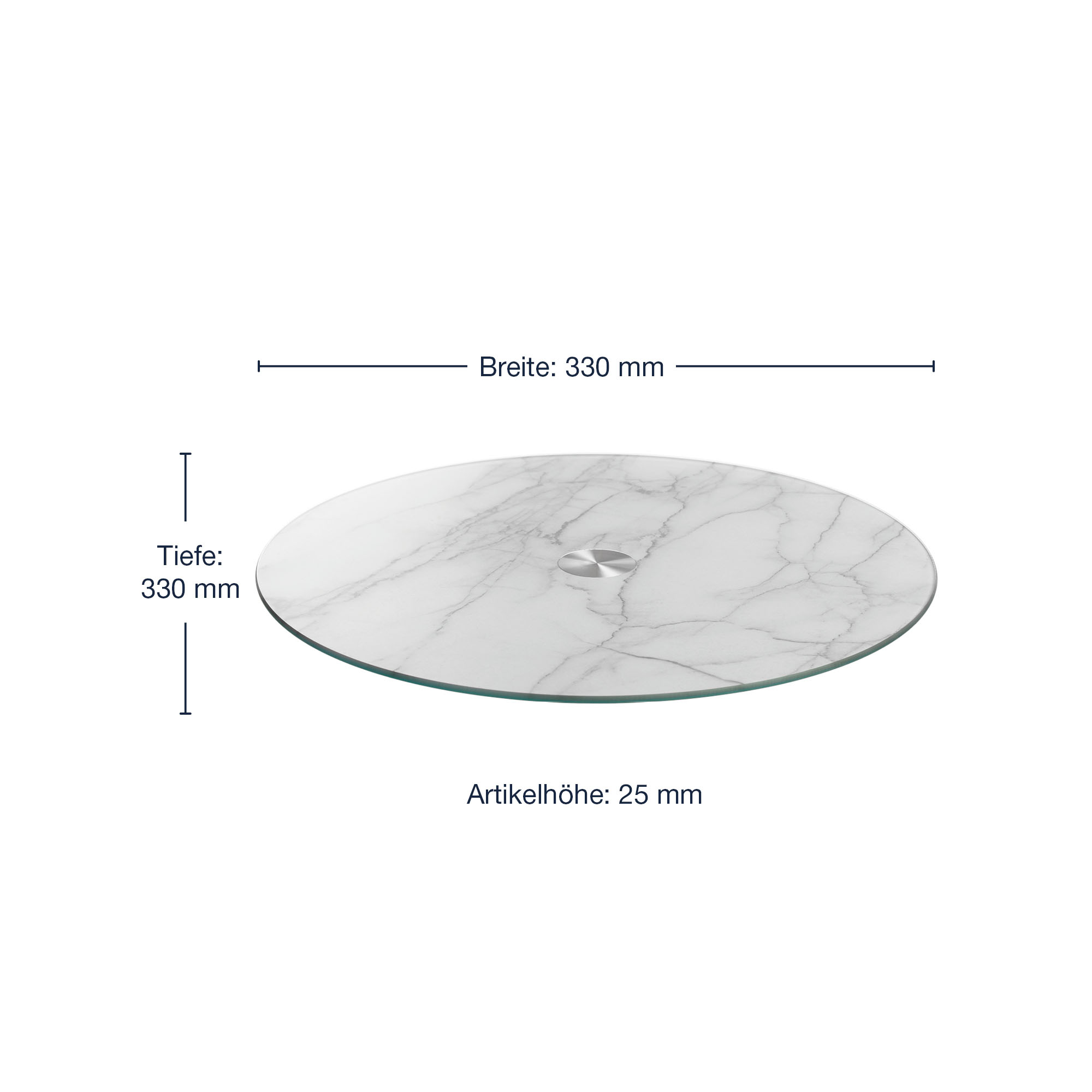 Runde Glas Servierplatte mit Maßangaben 330 mm Durchmesser und 25 mm Höhe