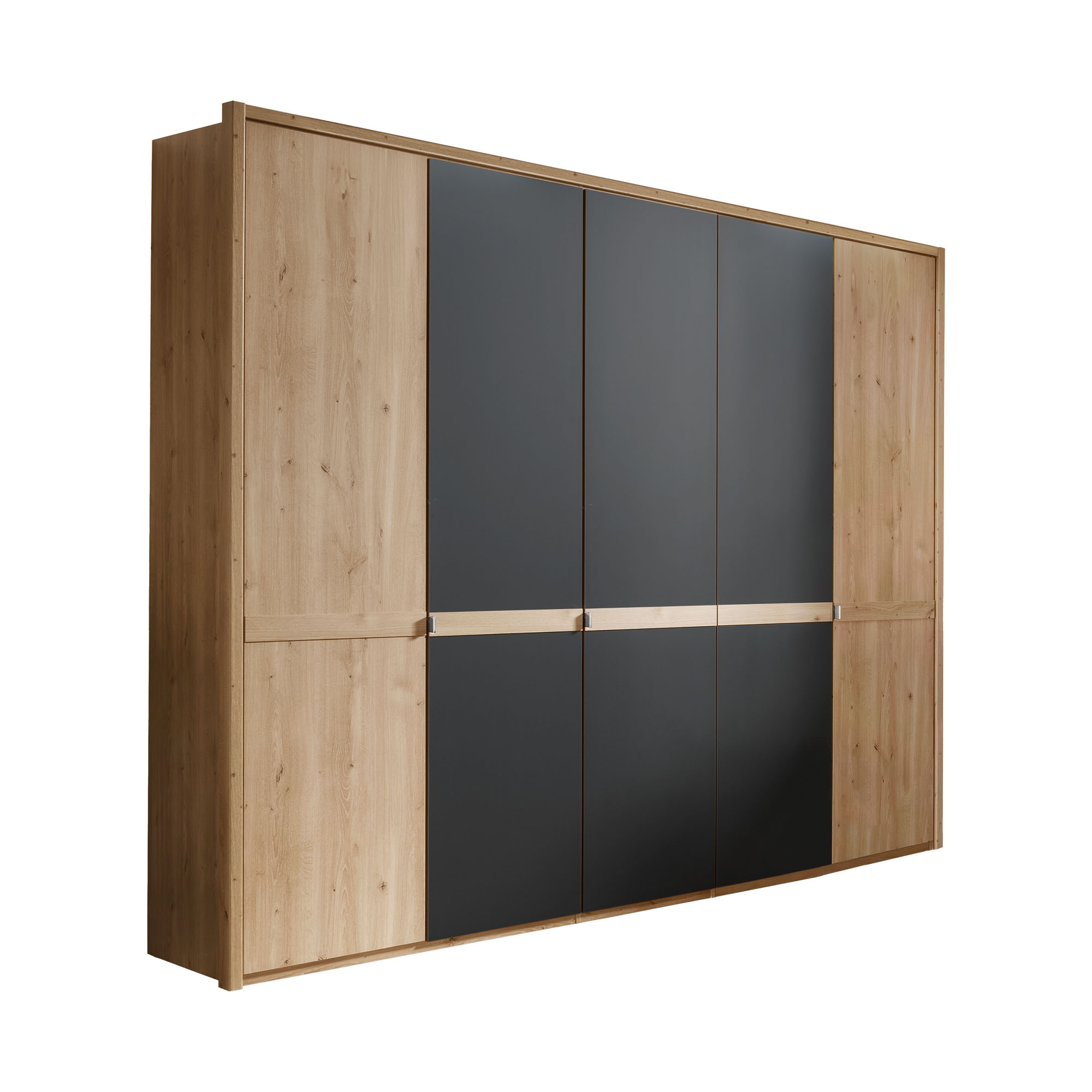 Großer Kleiderschrank mit Holzrahmen, mehreren dunklen Drehtüren und horizontalem Griffband in Holzoptik