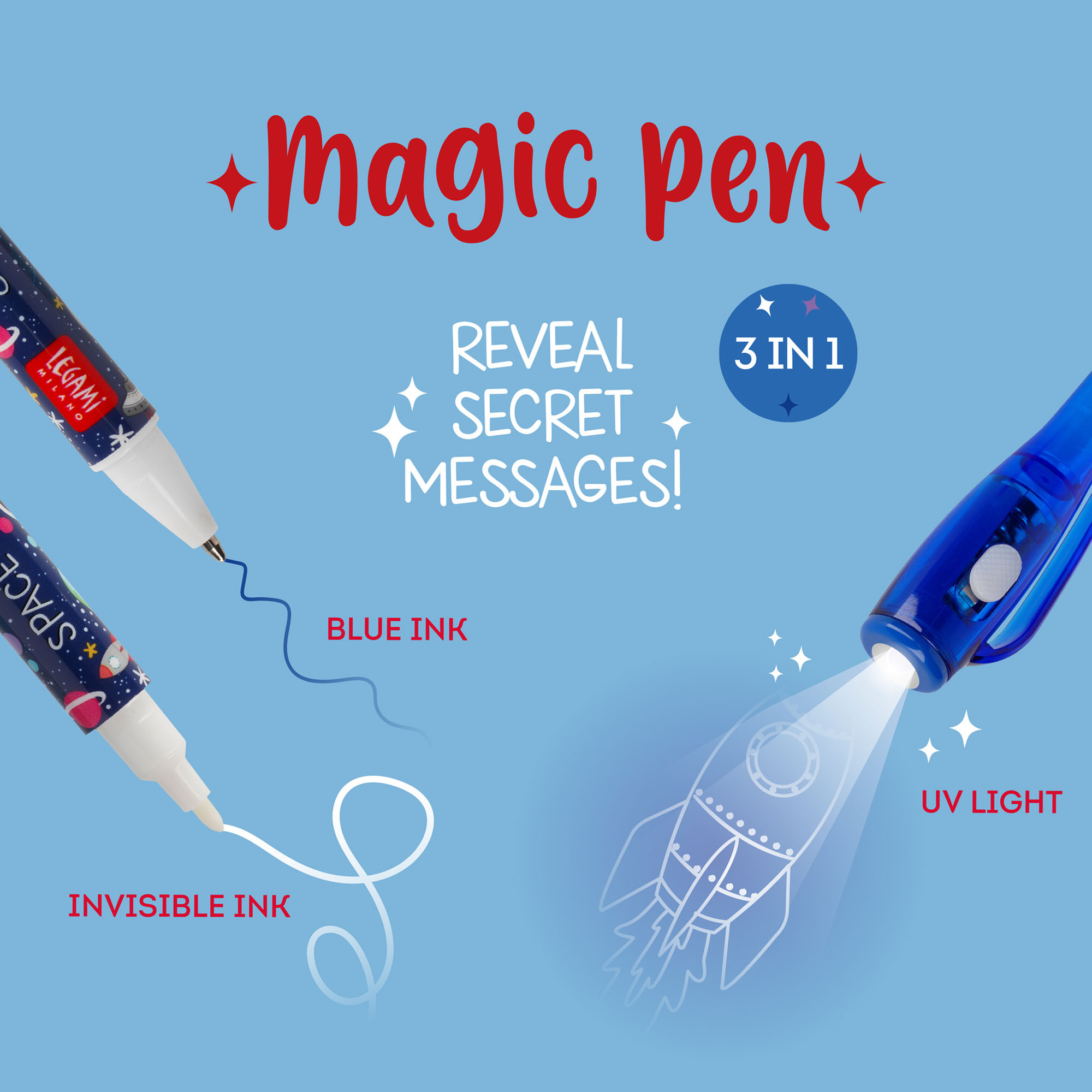 Blauer Geheimstift mit Weltraummotiv, in einer Grafik mit Geheimschrift und UV-Licht-Anwendung erklärt.