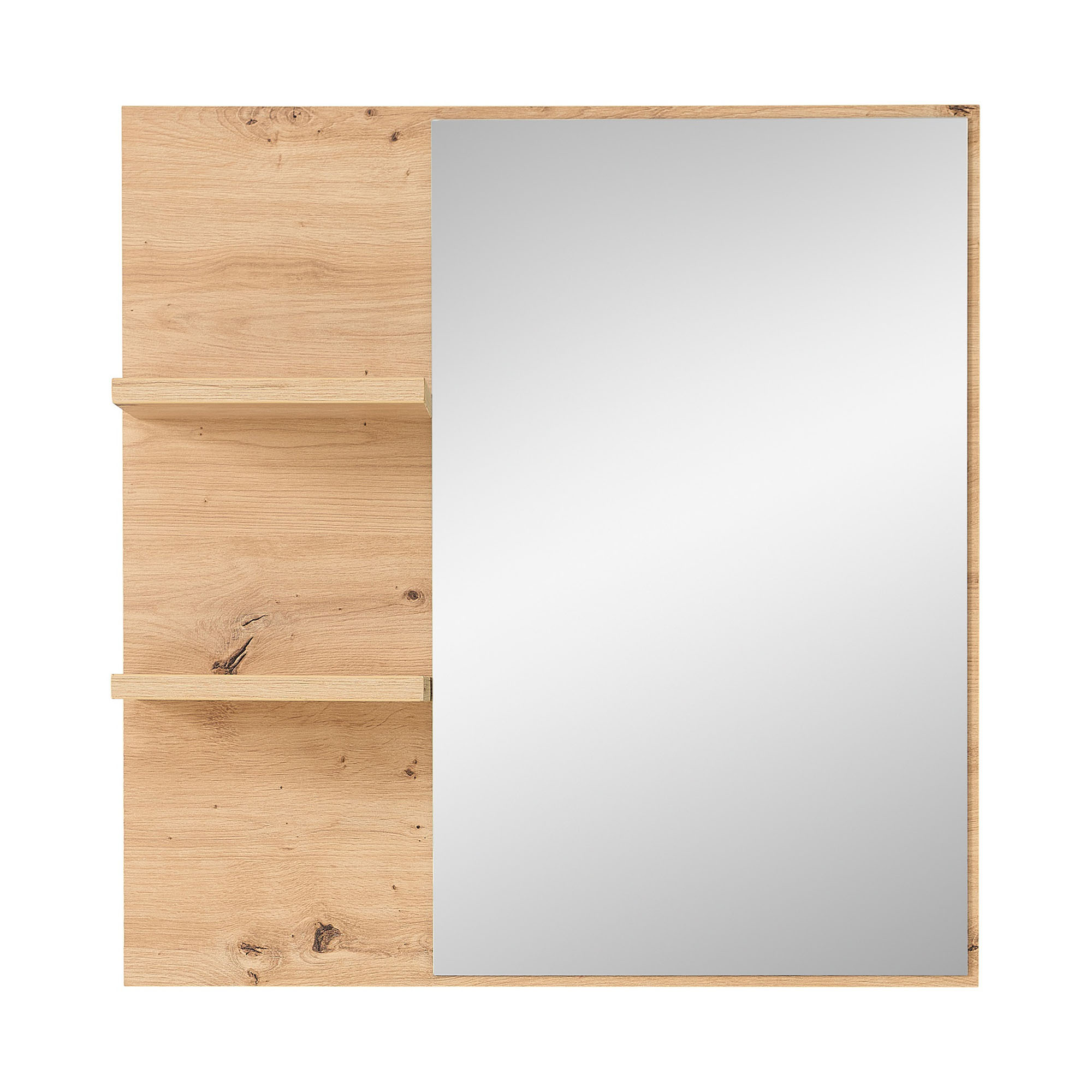 Frontalansicht eines rechteckigen Wandspiegels mit Holzrückwand links und zwei waagerechten Ablagen.