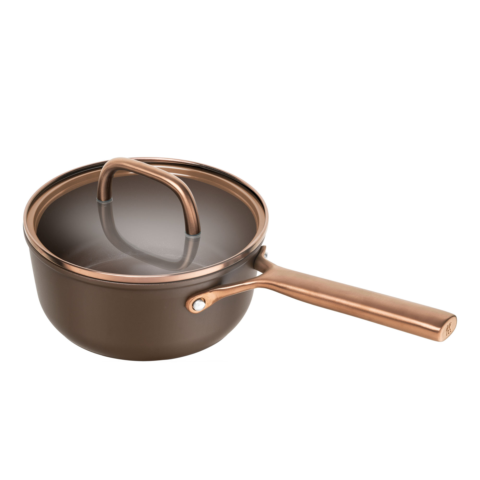 Stieltopf mit langem Griff und Glasdeckel, Serie Milano von ZWILLING, in Braun, Ø 18 cm, freigestellt auf weißem Hintergrund.