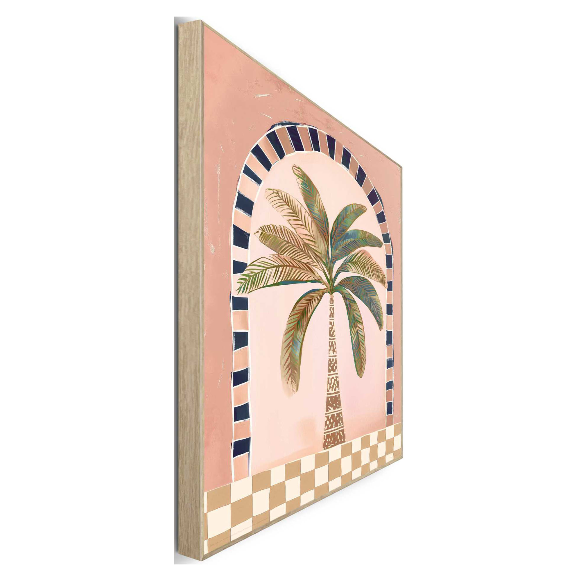 Seitliche Schrägansicht des Wandbilds „Boho Palm“, 50 × 40 cm; Profil, Kante und Tiefe des Bildes sind erkennbar.