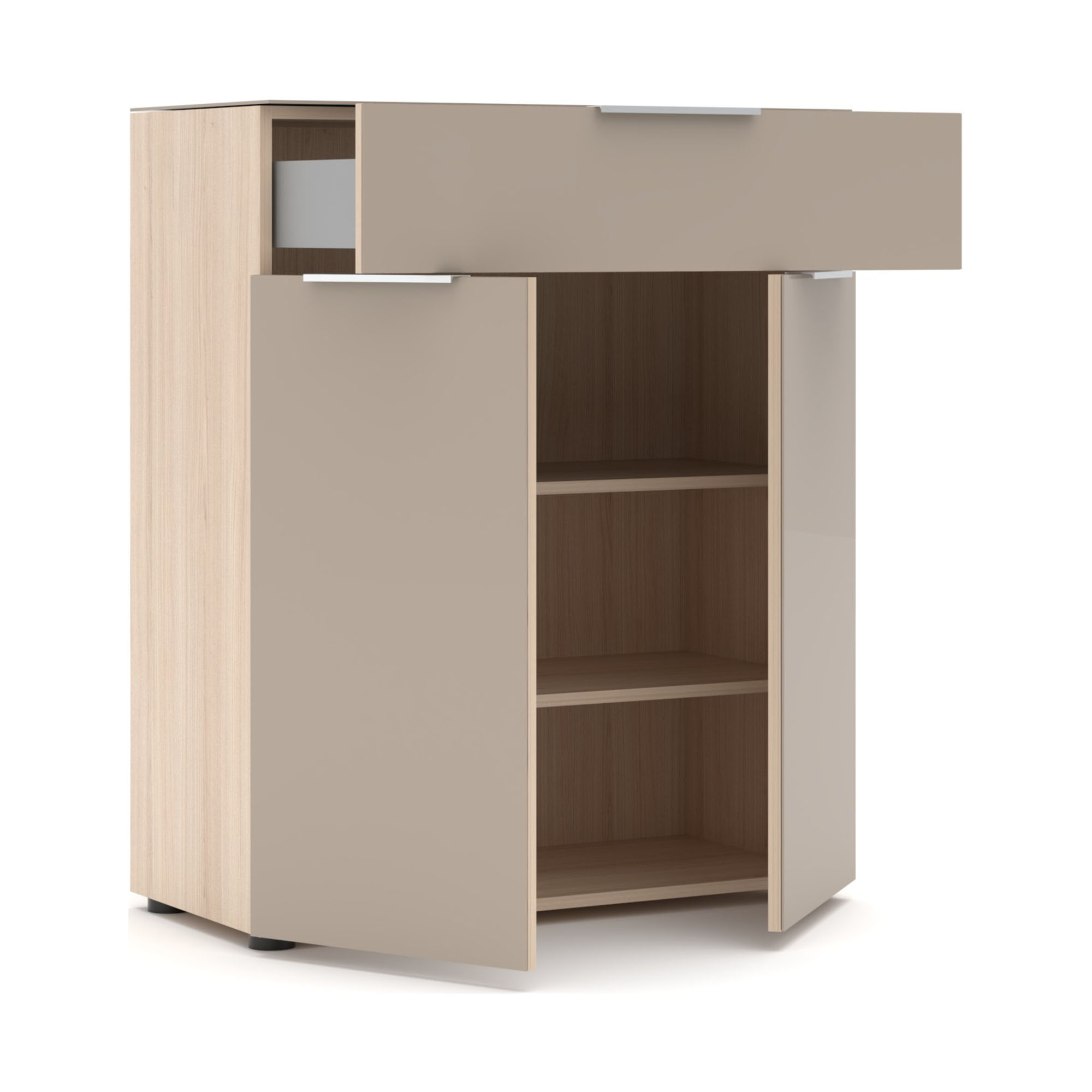 Geöffnete Kommode mit ausgezogener Schublade und geöffneten Türen, sichtbare Innenfächer in hellem Holz.