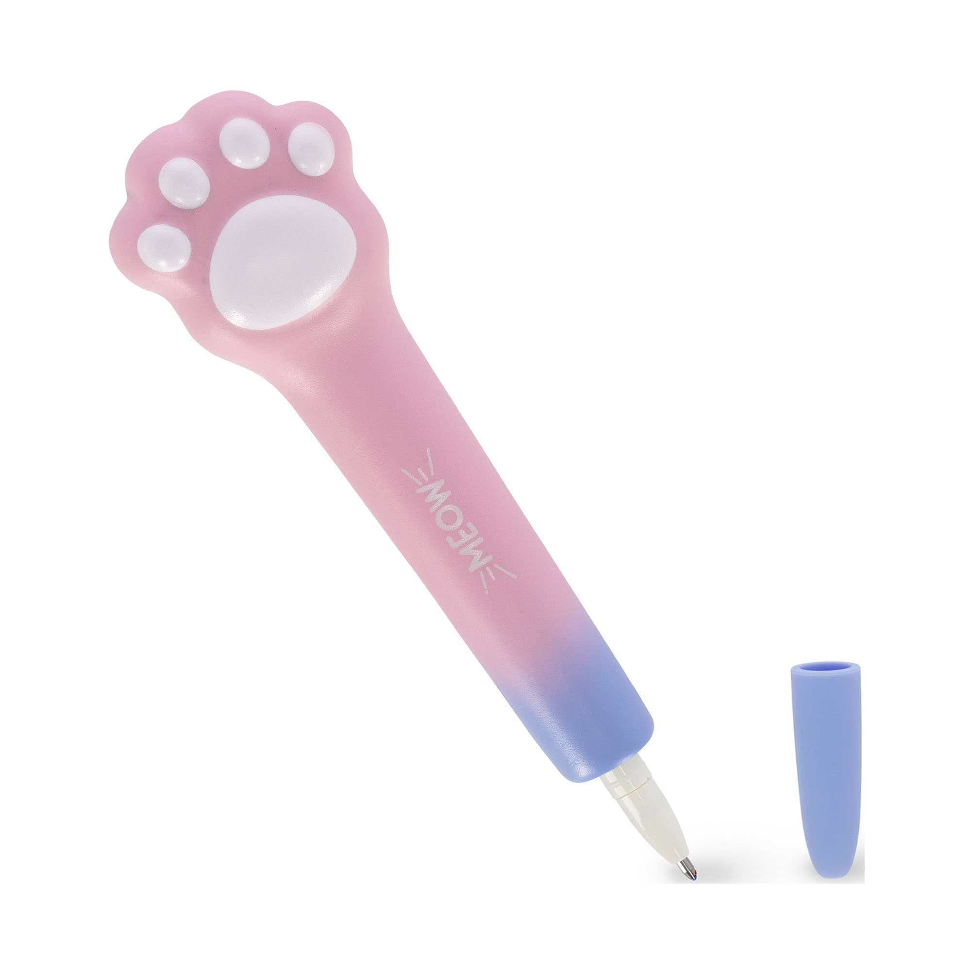 Rosa-blauer Gelstift mit weichem Katzenpfoten-Aufsatz, schräg mit abgenommener Kappe und sichtbarer Schreibspitze dargestellt.