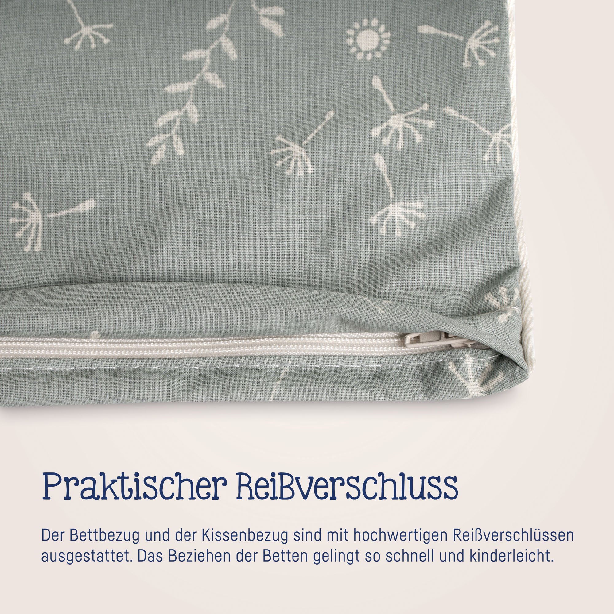 Nahaufnahme des Reißverschlusses am Deckenbezug mit sichtbarem Pusteblumenmuster