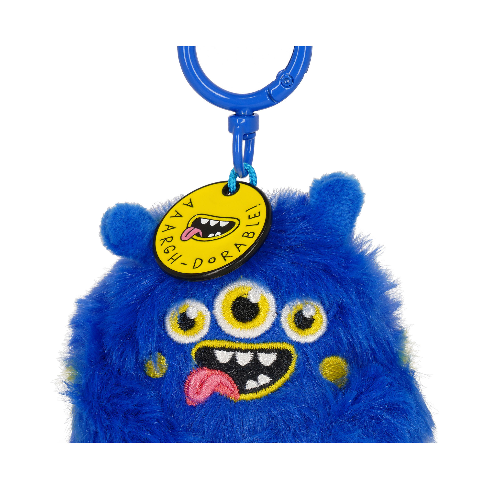 Blauer Monster-Plüsch-Schlüsselanhänger, in Nahaufnahme mit Gesicht und angenähtem Produktanhänger dargestellt.