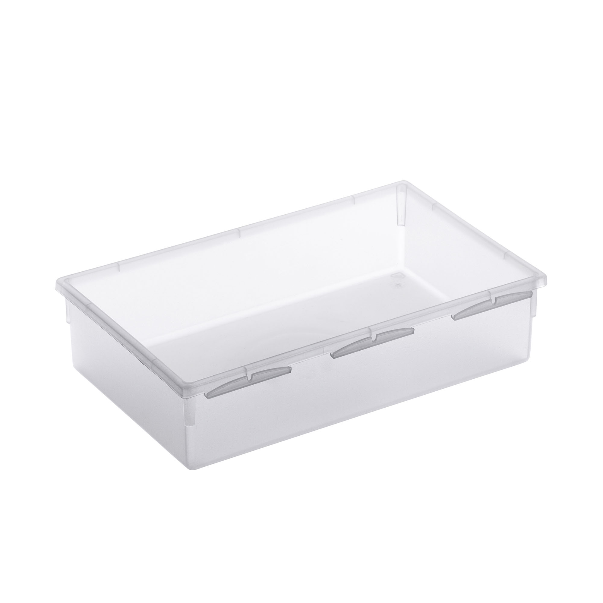 Flache rechteckige Aufbewahrungsbox aus transparentem Kunststoff ohne Deckel