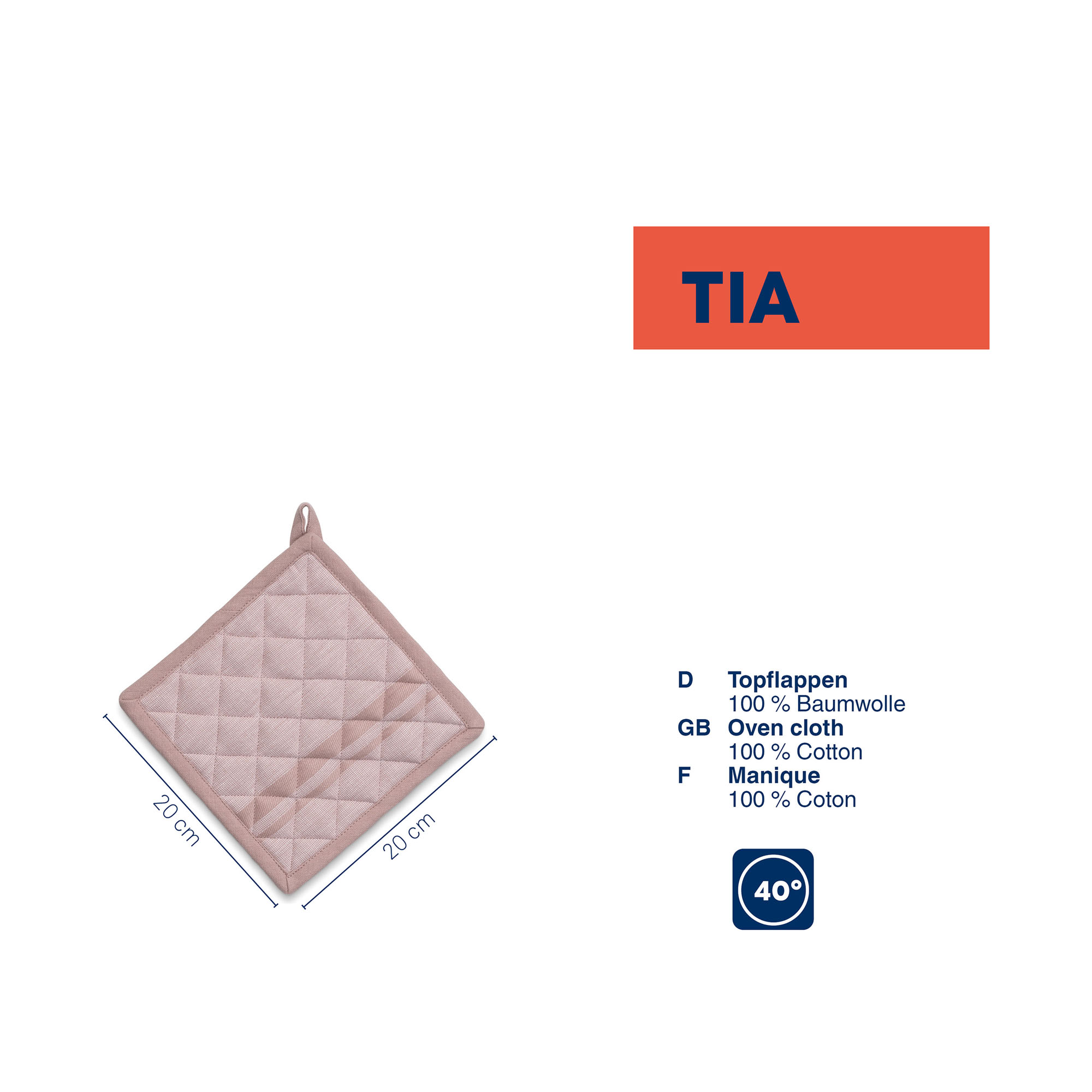 Topflappen in Nougat neben einer Übersicht mit Material- und Pflegeangaben