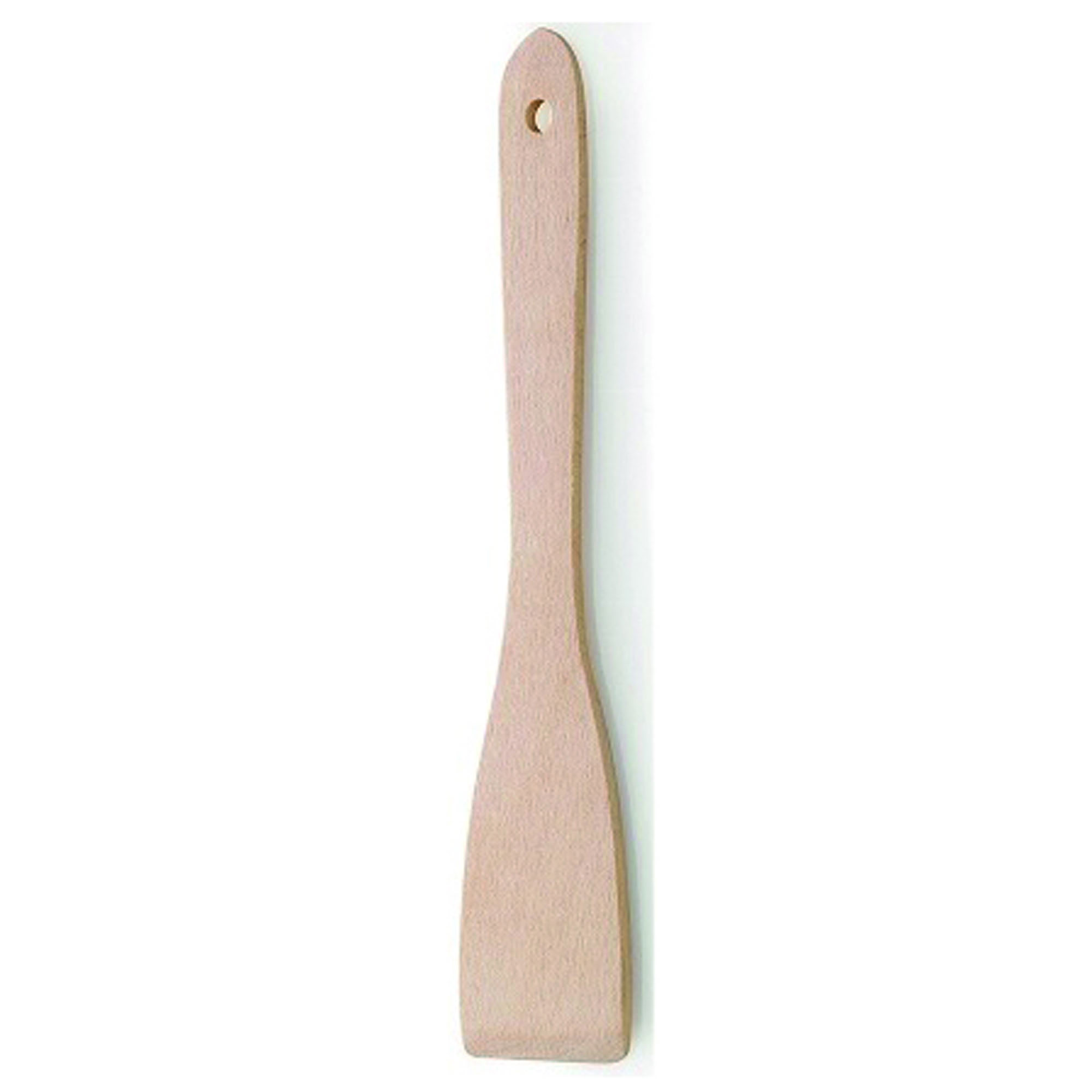 Hellbrauner Pfannenwender aus Holz mit schmaler flacher Form und Aufhängeloch auf weißem Hintergrund