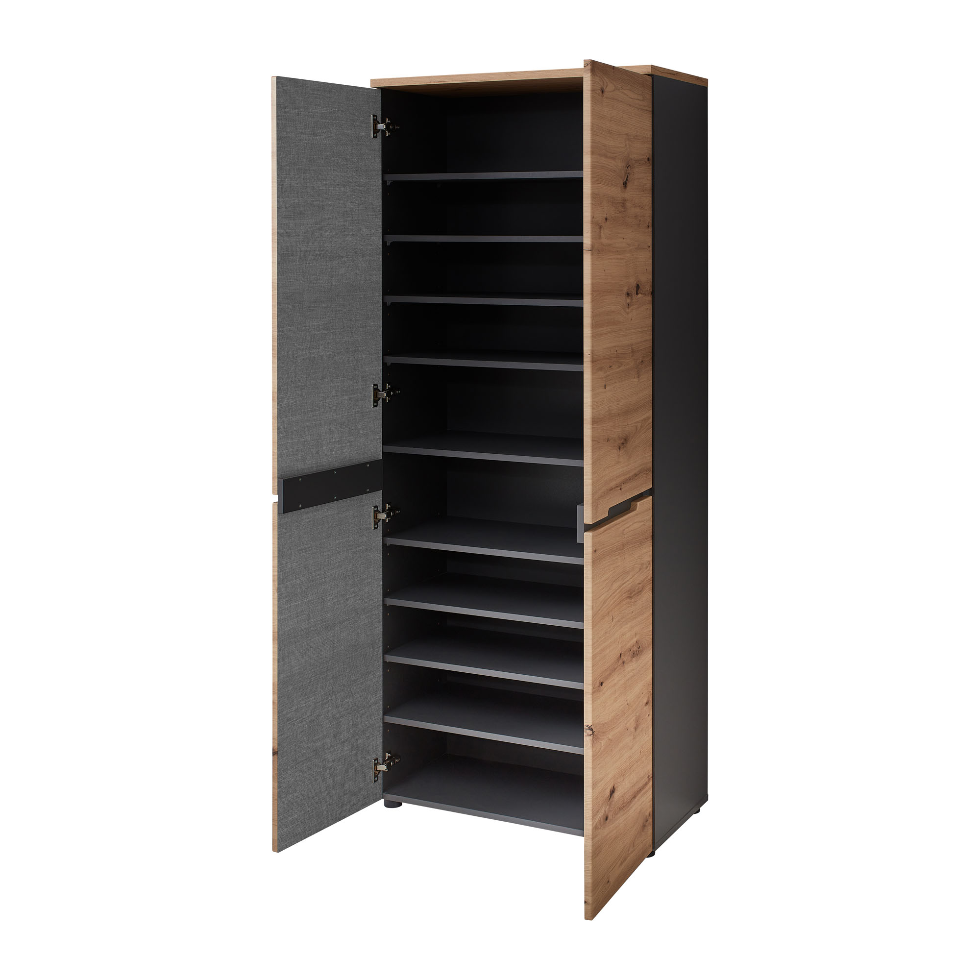Hoher Schrank in Holzoptik mit geöffneten Türen, mehrere dunkle Einlegeböden im Inneren sichtbar.