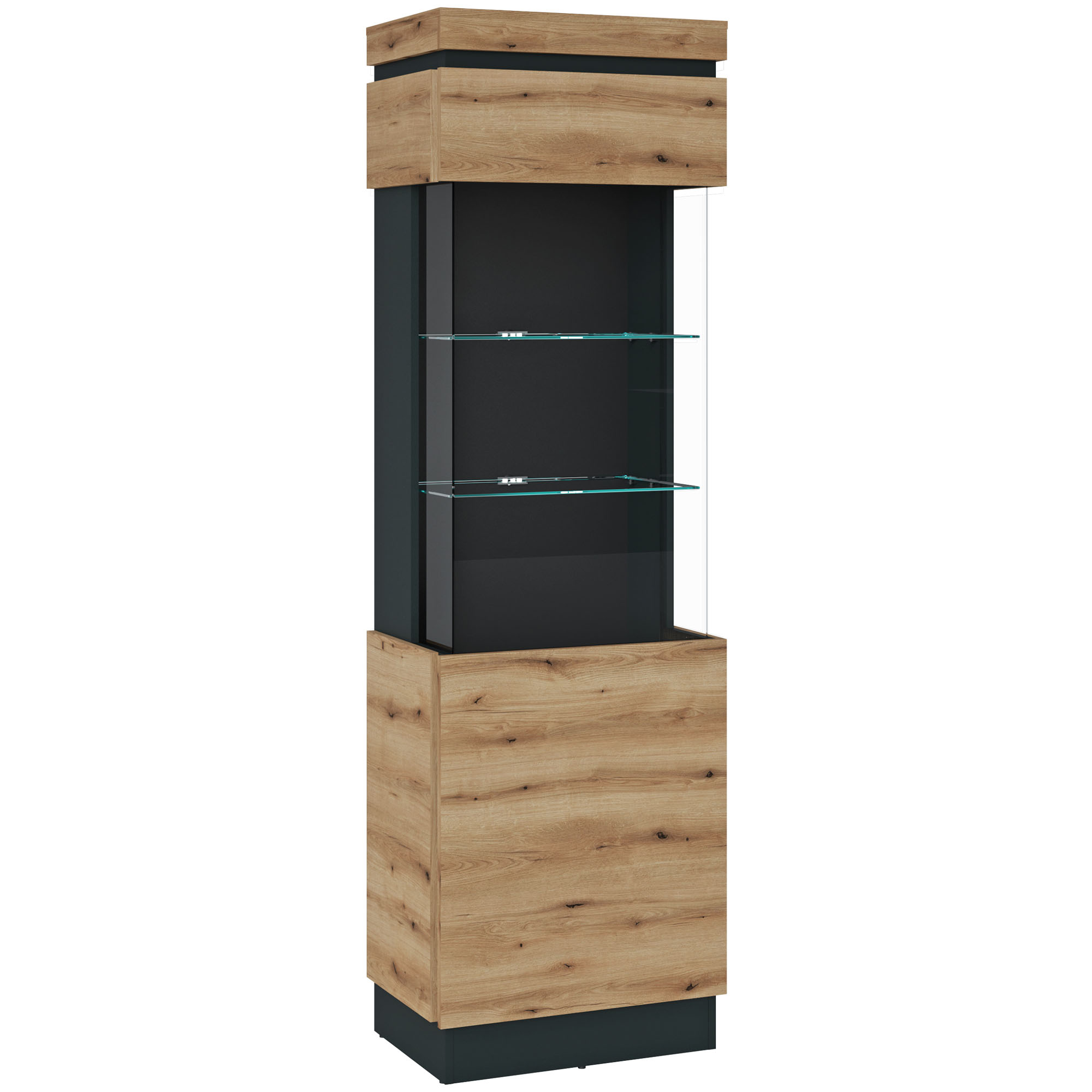 Rechte Vitrine Coast in Evoke Eiche mit Kosmos Grau und verglastem Präsentationsbereich für Wohnaccessoires