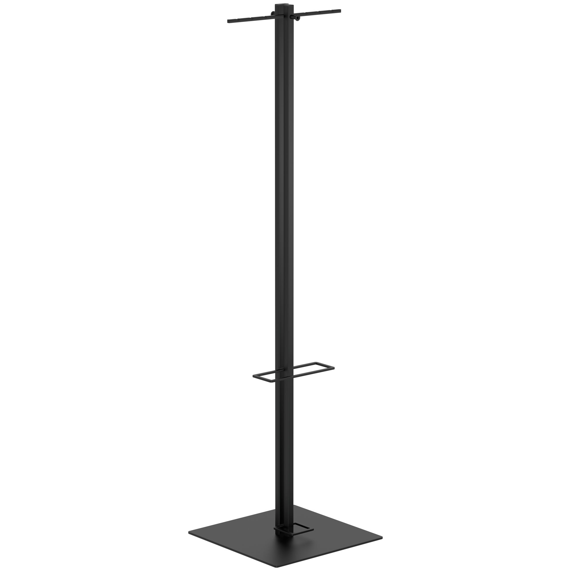 freistehende schwarze Garderobe aus Metall mit quadratischer Bodenplatte, seitlicher Ansicht, mit Kleiderstange oben und Ablage in mittlerer Höhe