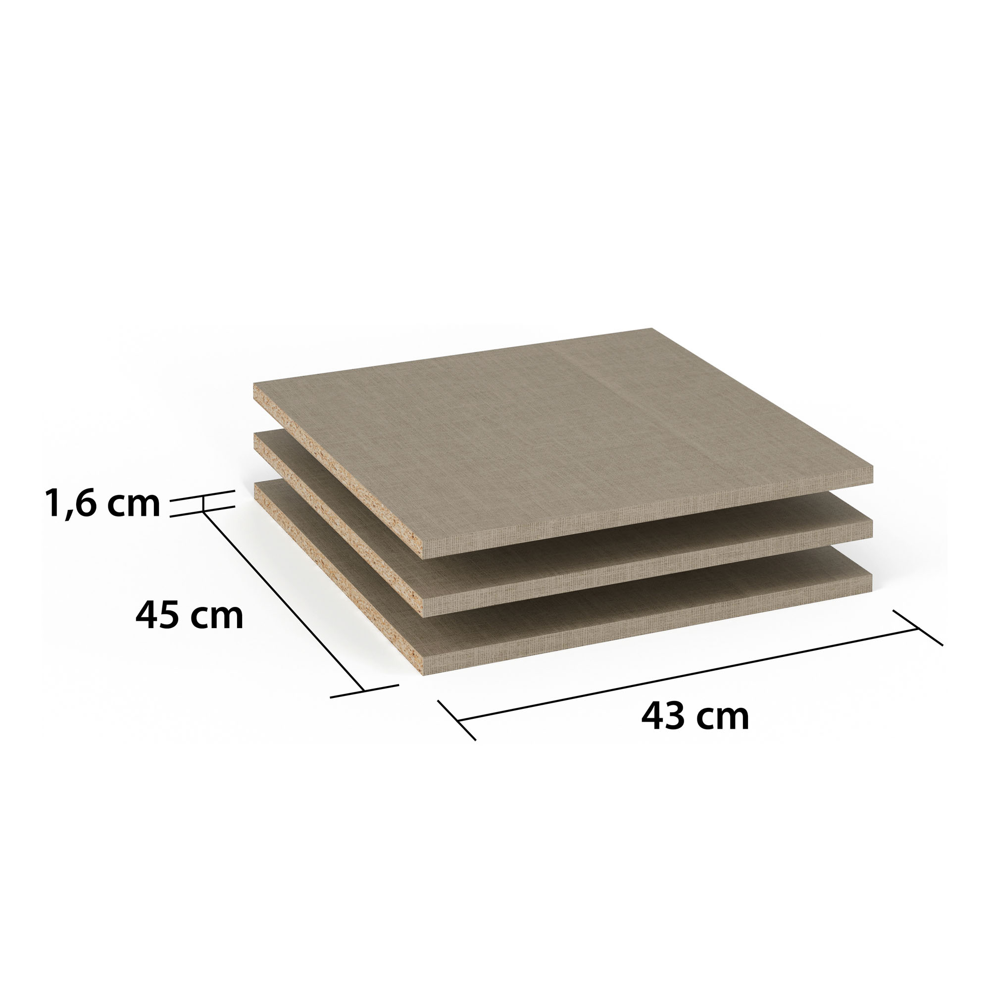 Drei beige Einlegeböden mit Maßangaben 1,6 cm Höhe, 45 cm Tiefe und 43 cm Breite, auf weißem Hintergrund