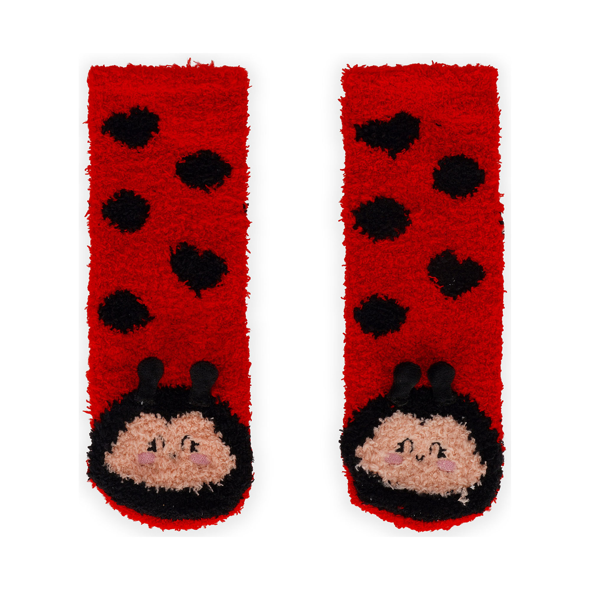Rutschfeste Socken für Kinder – Marienkäfer von Legami: Paar Motivsocken frontal mit Tiergesicht am Bündchen.