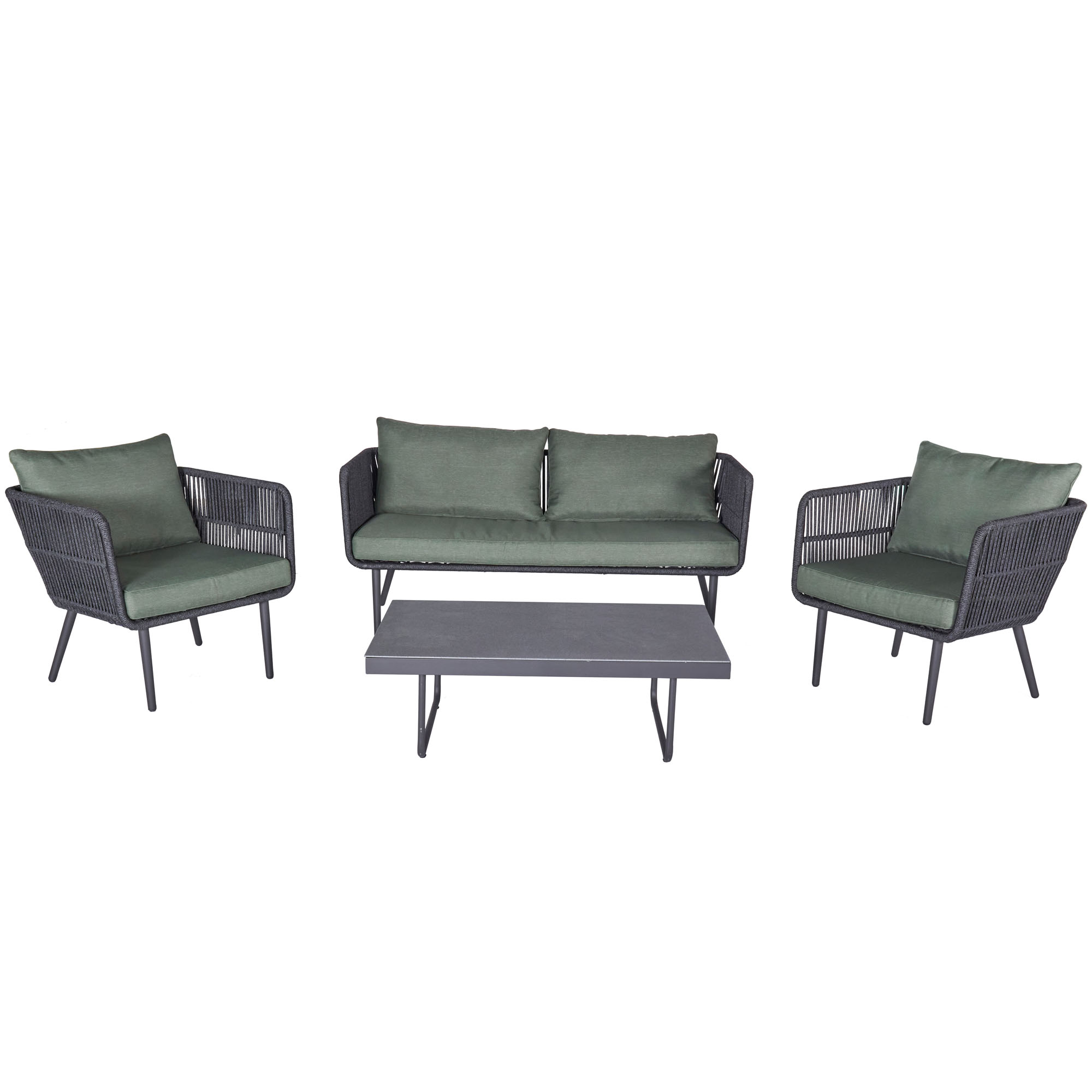 Gartenlounge bestehend aus einem Sofa zwei Sesseln und einem Tisch in gerader Vorderansicht