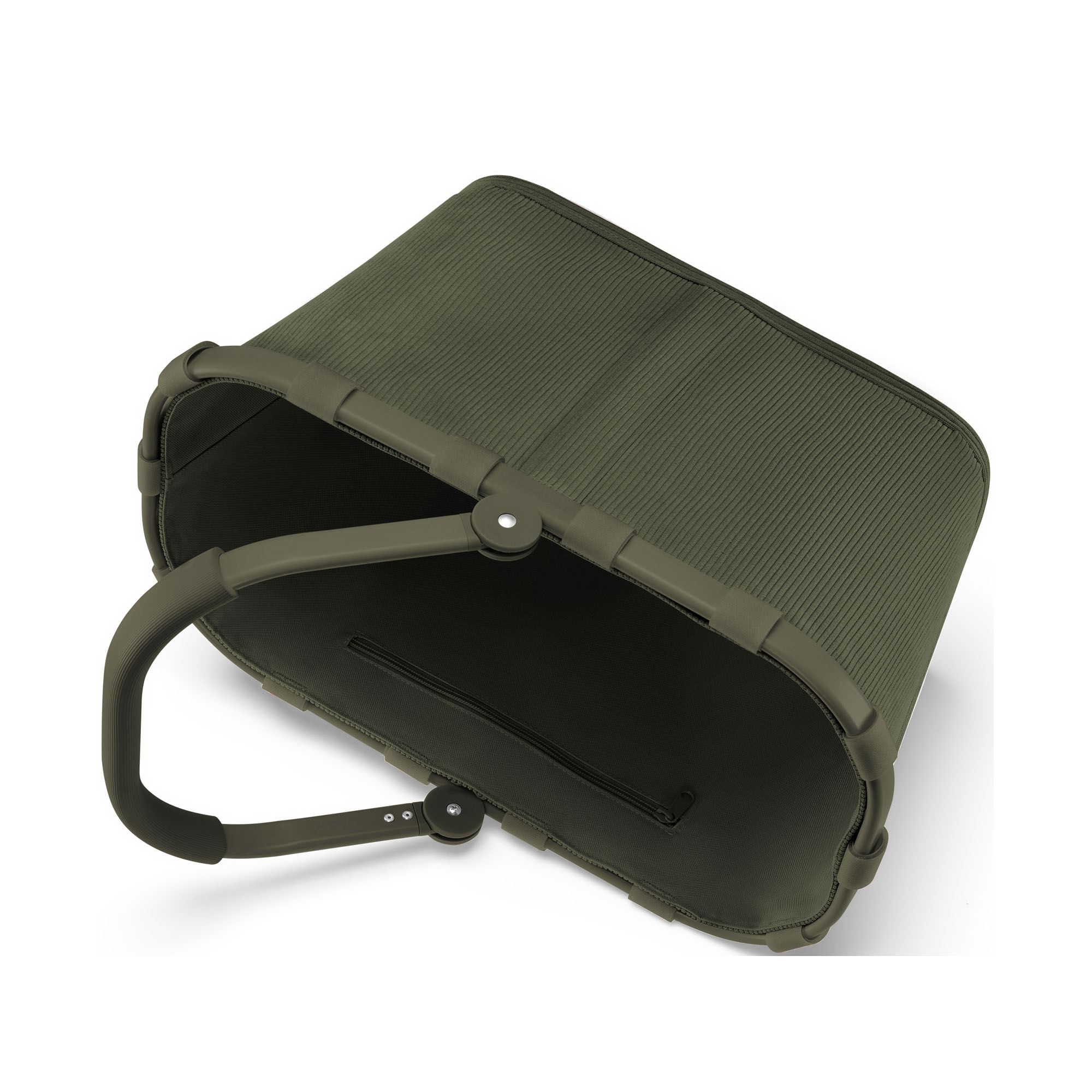 Einkaufskorb von Reisenthel, Modell Carrybag, in Dunkelgrün aus geripptem Cord, auf die Seite gelegt mit sichtbarem Rahmen und eingeklapptem Griff.