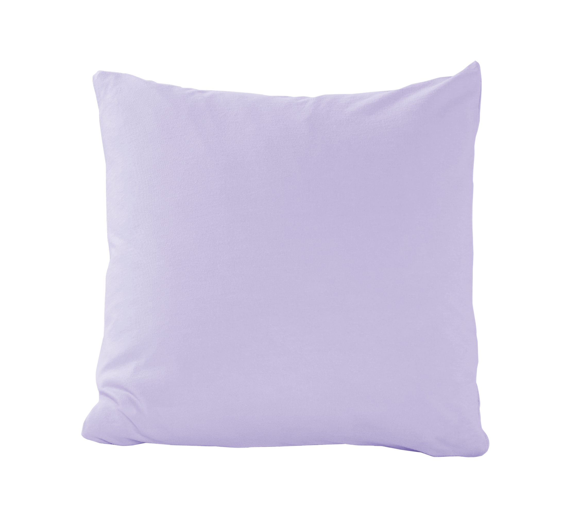 Quadratischen Kissen mit Bezug in Lavendel, vollständig in frontaler Ansicht vor weißem Hintergrund dargestellt; Größe 40 x 40 cm.