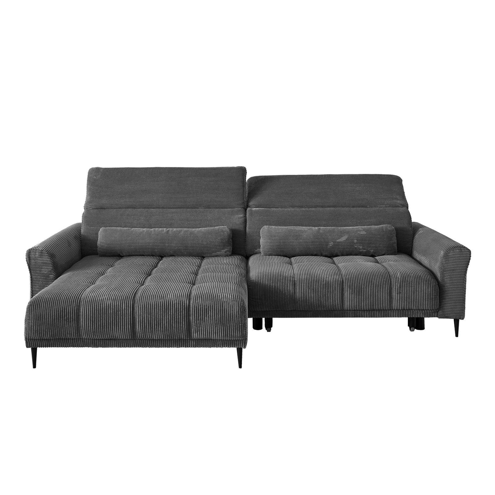 Modernes Ecksofa in grauem Cordstoff mit klarer Linienführung und schwarzem Metallfußgestell.