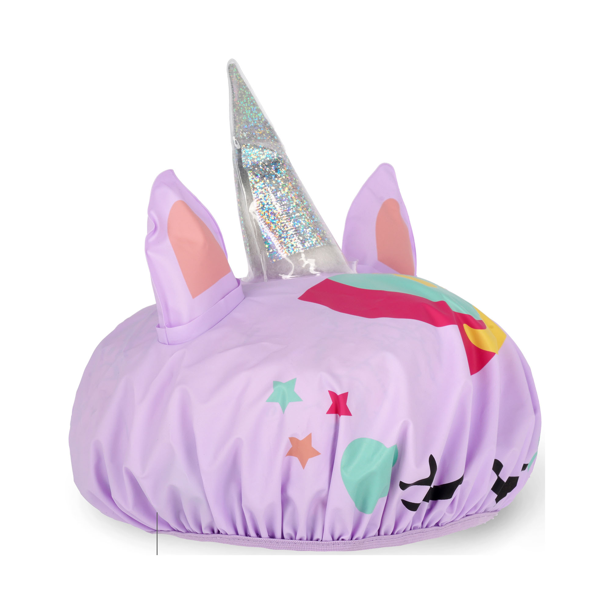 Lilafarbene Duschhaube im Einhorn-Design, schräg von der Seite mit elastischem Rand gezeigt.