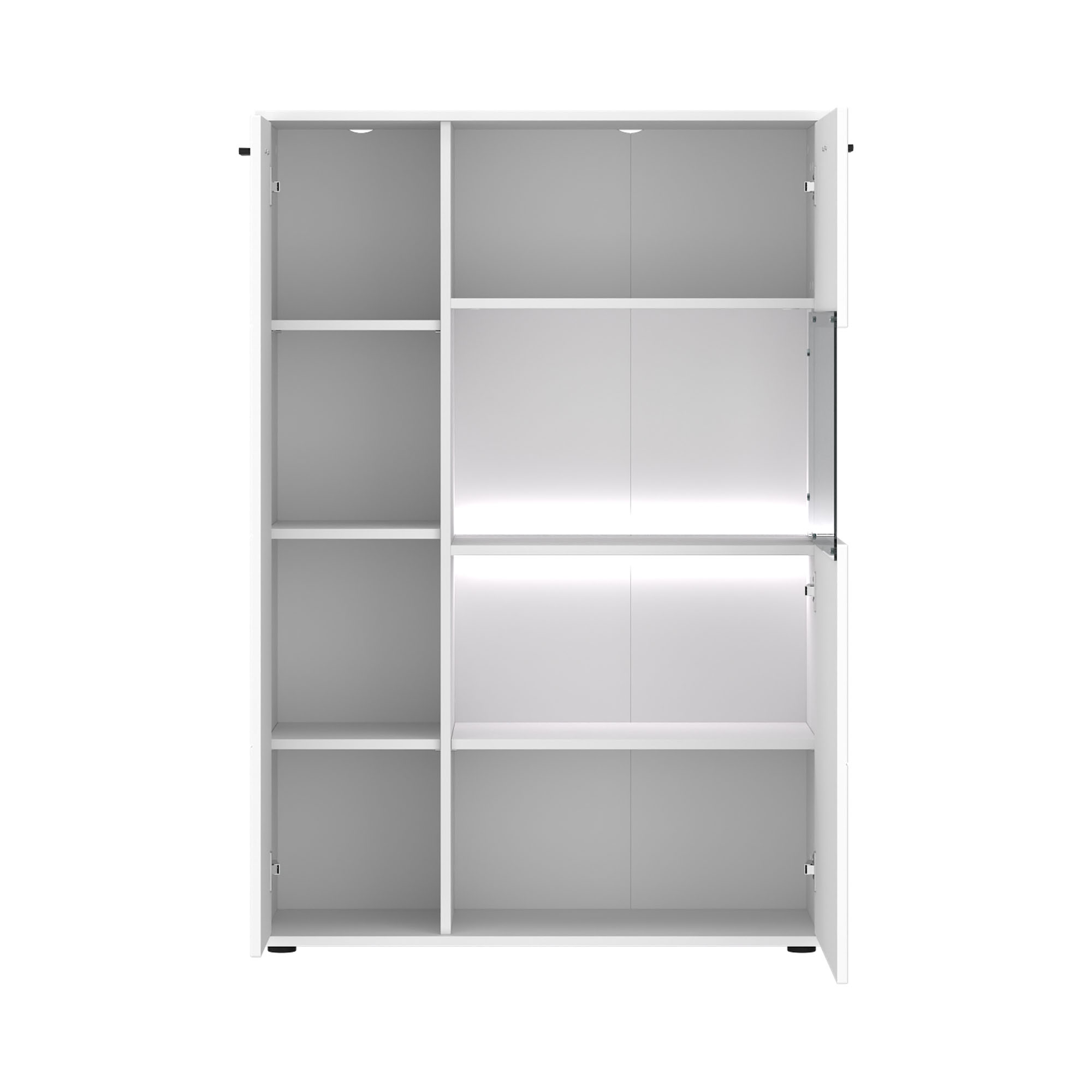 Geöffnetes Highboard in Weiß mit mehreren Ablagefächern, Glasbereich und integrierter LED-Beleuchtung für dekorativen Stauraum