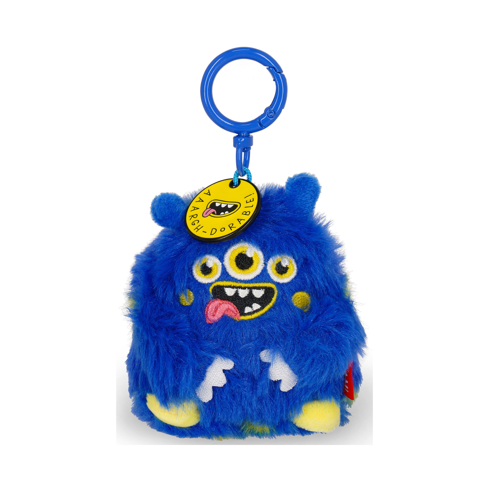 Blauer Monster-Plüsch-Schlüsselanhänger, frontal mit Schlüsselring auf weißem Hintergrund dargestellt.
