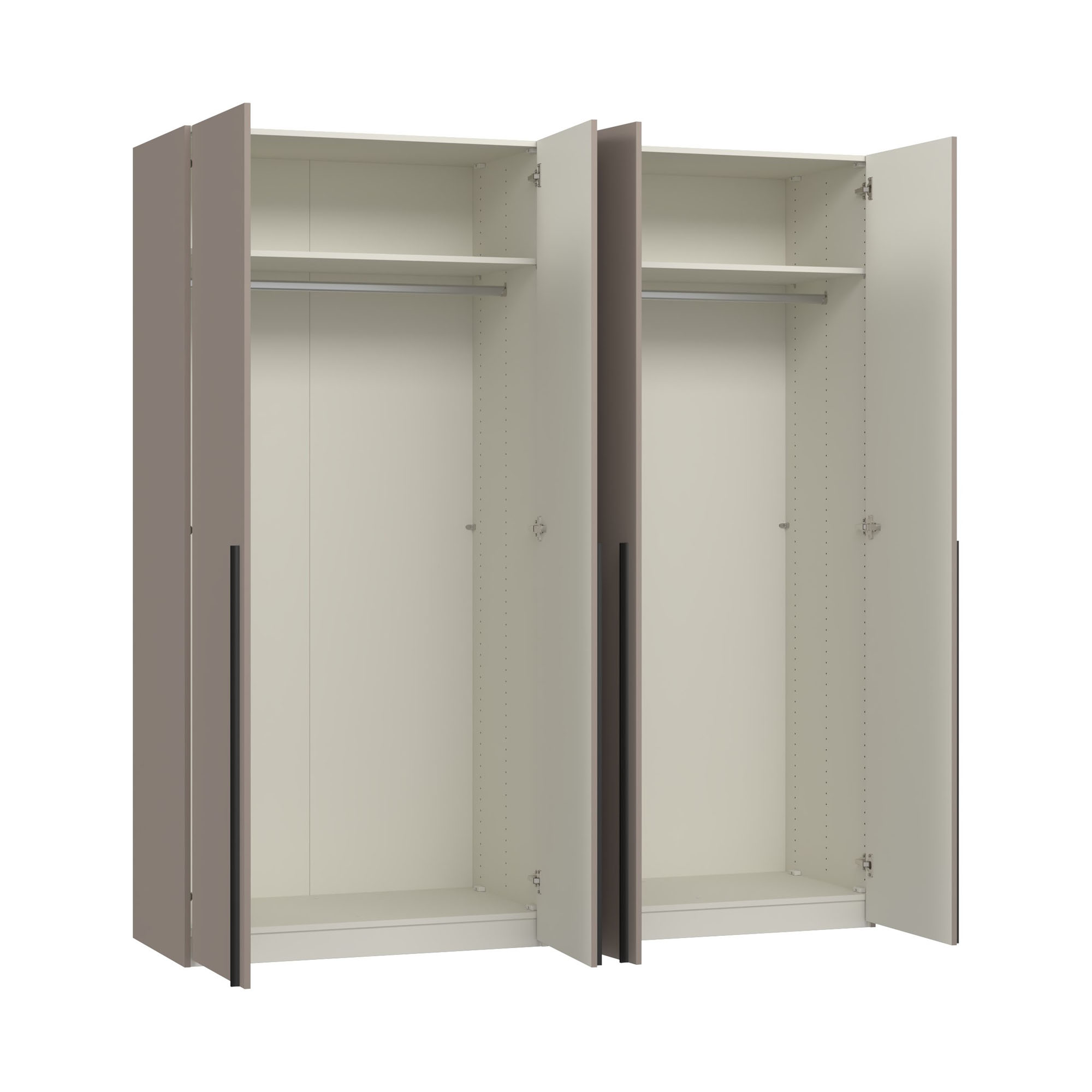 Viertüriger Kleiderschrank mit mehreren geöffneten Türen und sichtbarem Innenraum mit Einlegeböden und Kleiderstangen