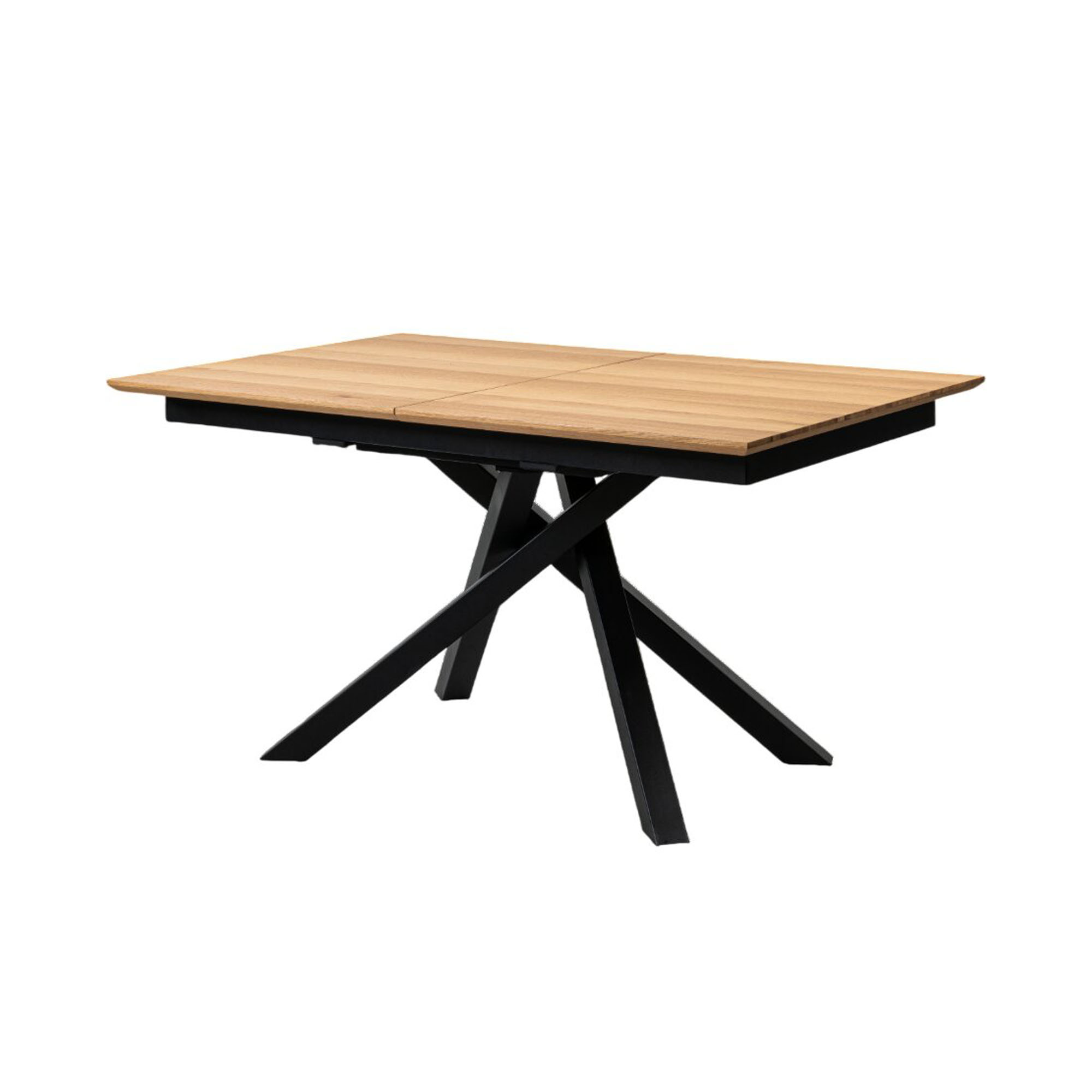 Esstisch mit quadratischer Holzplatte und schwarzem Metall Kreuzgestell