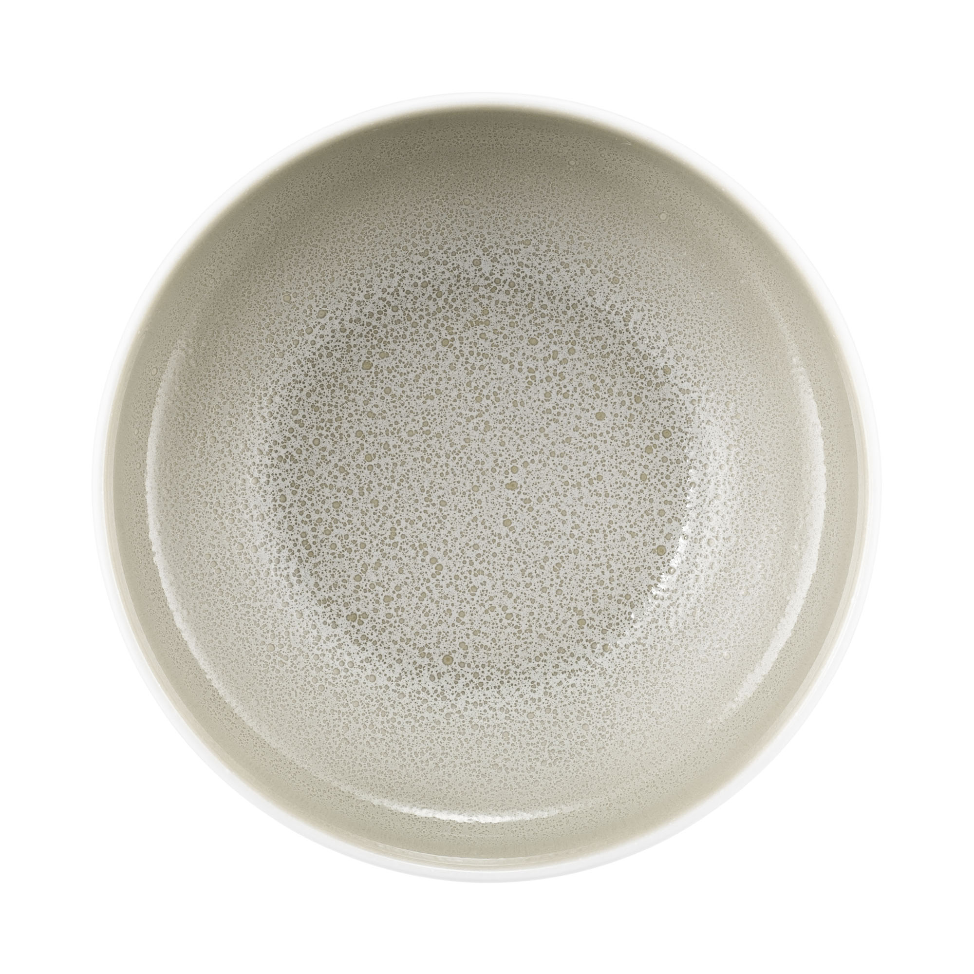 Draufsicht: Schale in Weiß und Grau-Beige. Erkennbar: flache Form mit weißer Außenseite und gesprenkeltem Innenraum.