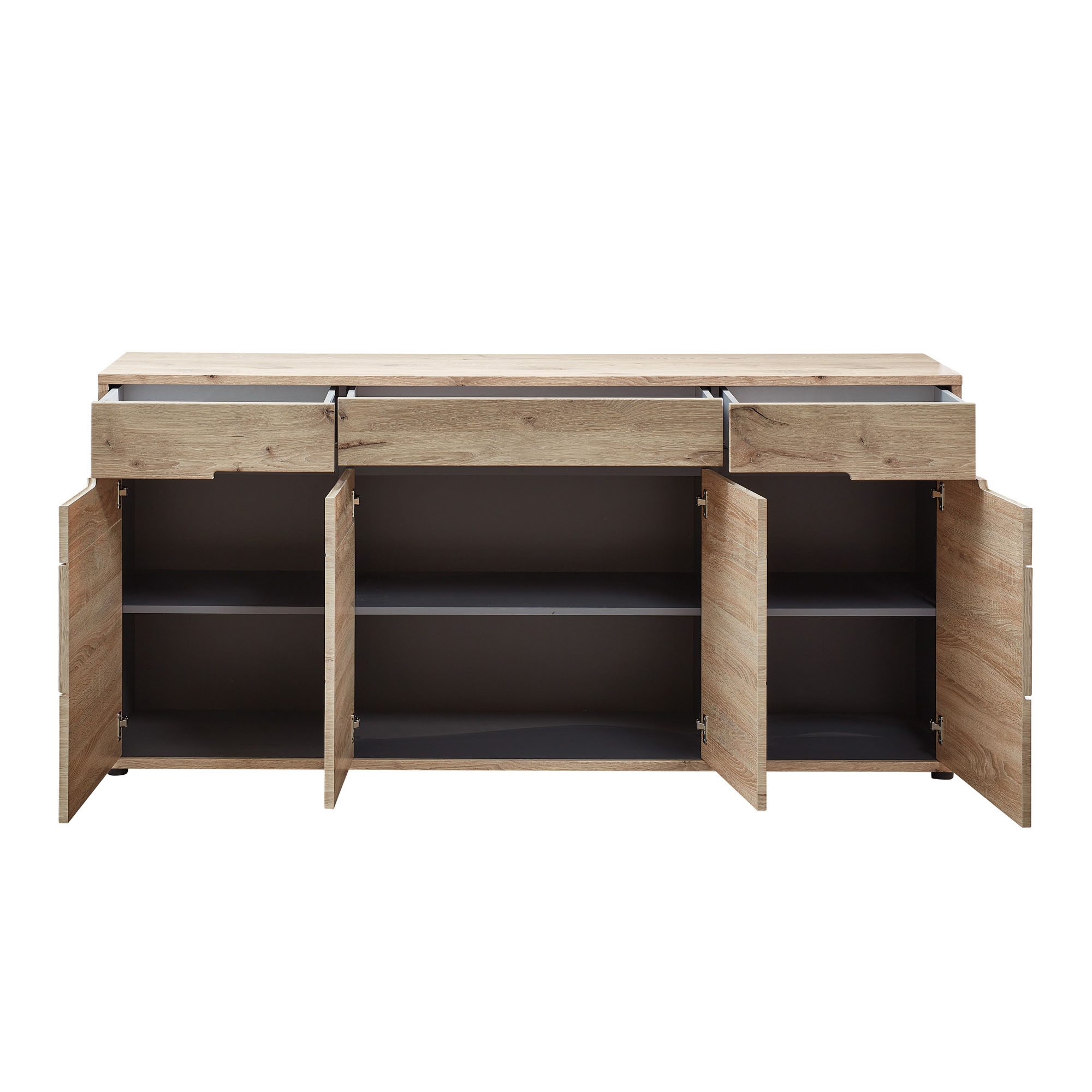 Das Sideboard ist geöffnet. Drei Türen zeigen Innenfächer mit Einlegeböden, die oberen Schubladen sind ausgezogen.