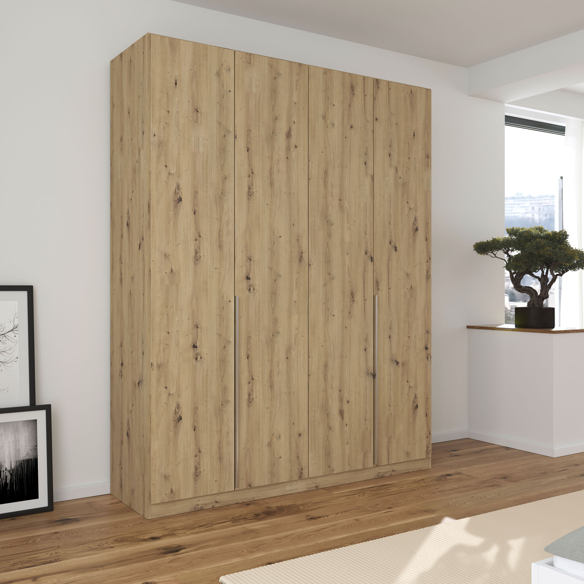4-türiger Kleiderschrank in Eiche Artisan in einem modern eingerichteten Schlafzimmer mit Holzboden und stilvollen Möbeln