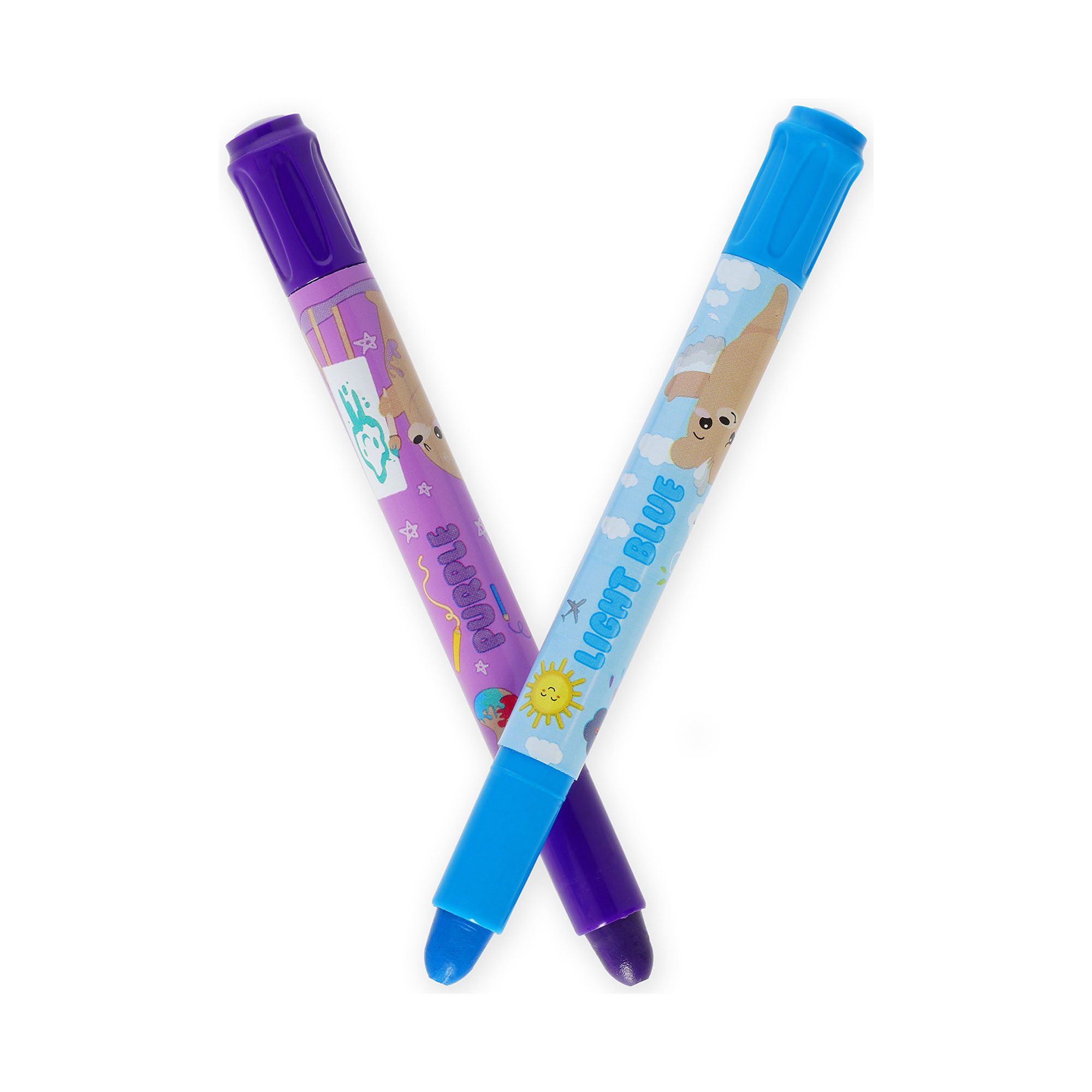 Zwölf Wachsmalstifte mit Tiermotiven, mit einem violetten und einem blauen Wachsmalstift über Kreuz dargestellt.
