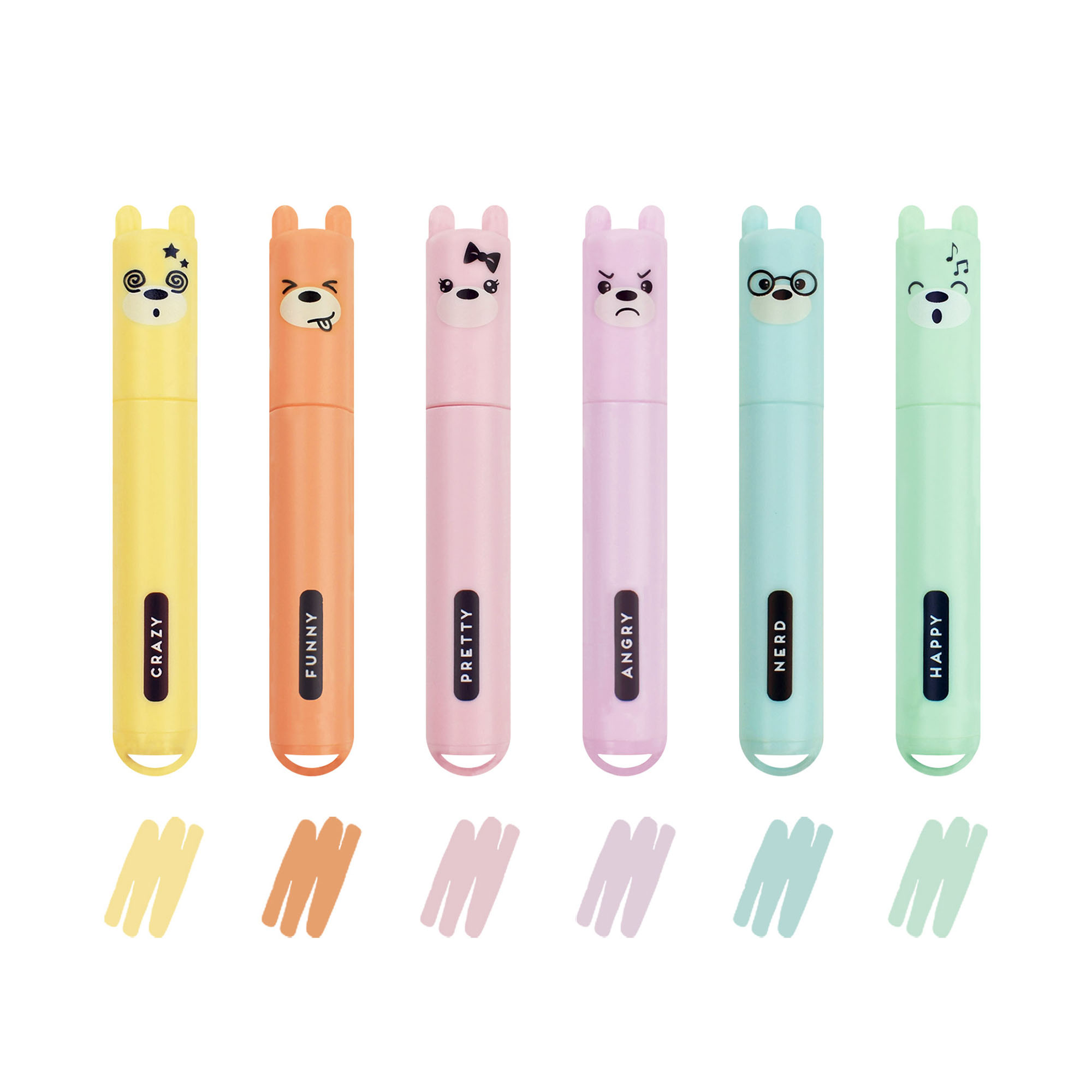 Sechs pastellfarbene Mini-Textmarker mit Tiergesichtern, mit sechs schmalen pastellfarbenen Textmarkern und passenden Farbstreifen dargestellt.
