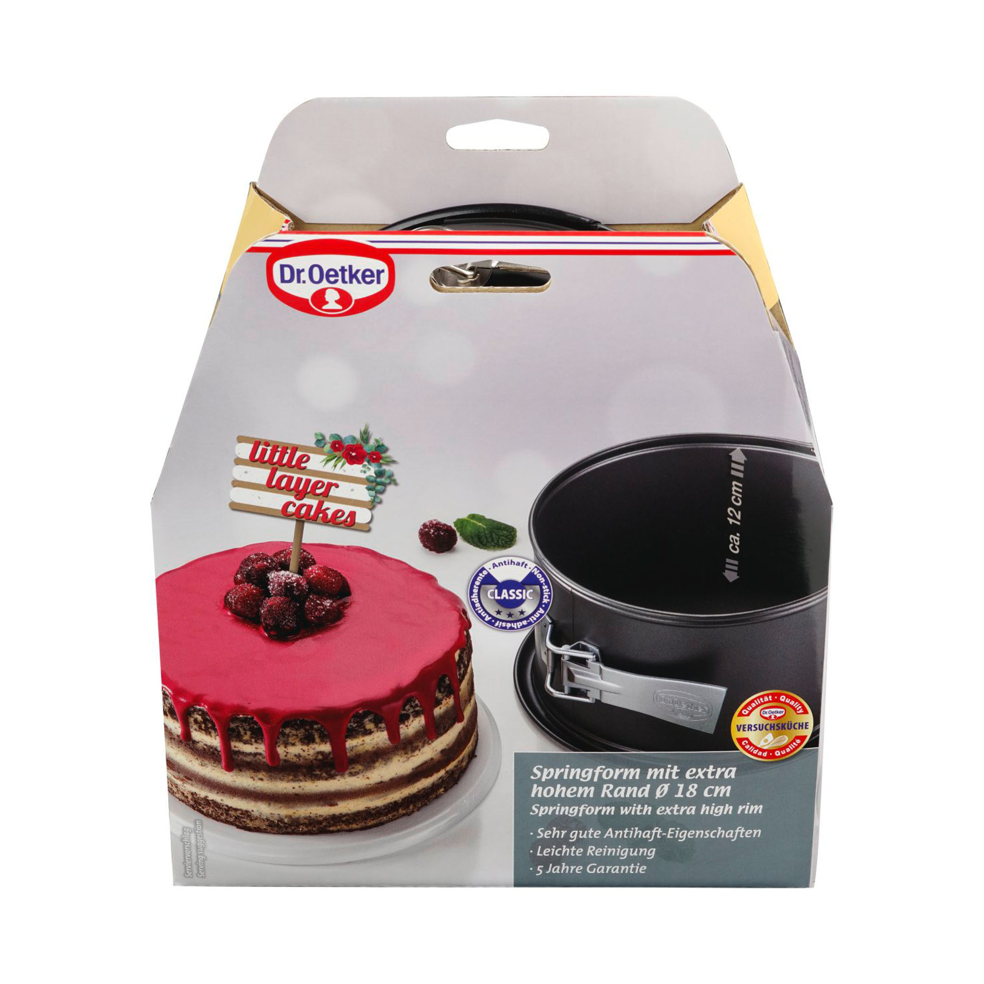 Verpackung der Dr Oetker Springform 18 cm mit extra hohem Rand und abgebildetem Kuchen