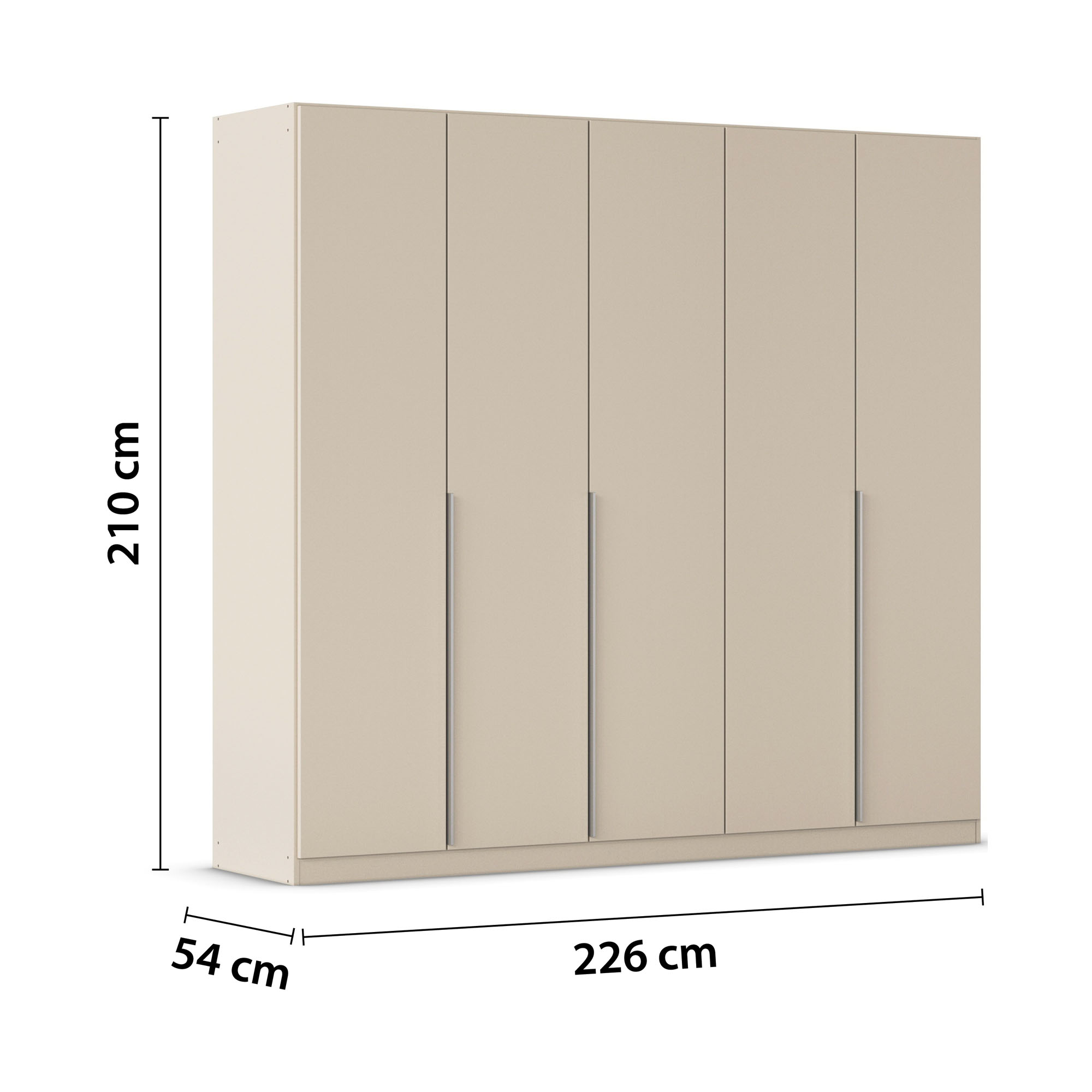 Champagnerfarbener Kleiderschrank mit eingezeichneten Maßen von 226 cm Breite, 210 cm Höhe und 54 cm Tiefe