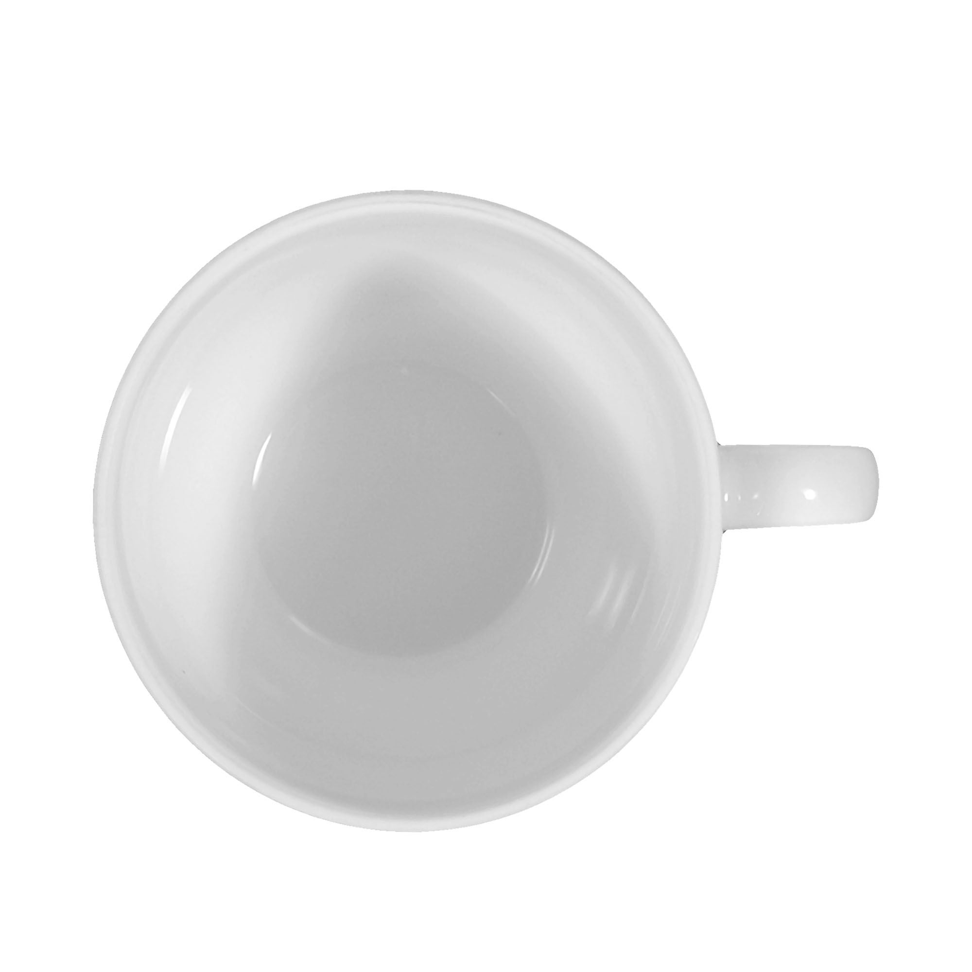 Tasse in Weiß; Draufsicht. Sichtbare Gestaltung: runde Form mit kleinem Henkel.
