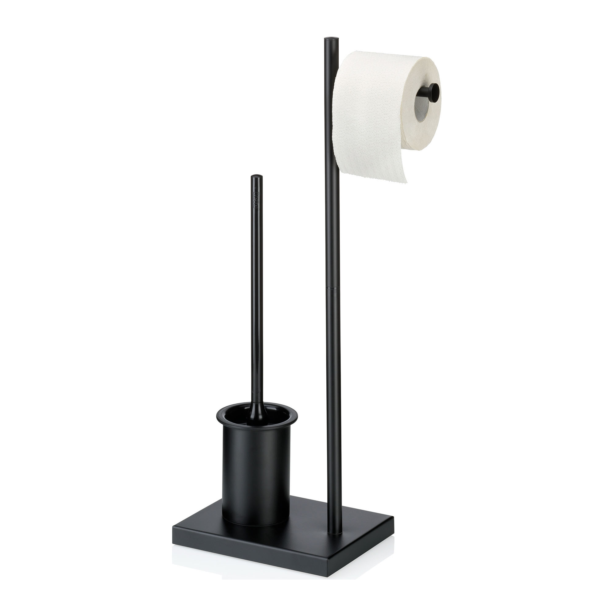 Schwarze freistehende Toilettengarnitur mit WC-Bürstenbehälter und weißer Toilettenpapierrolle am seitlichen Haltearm