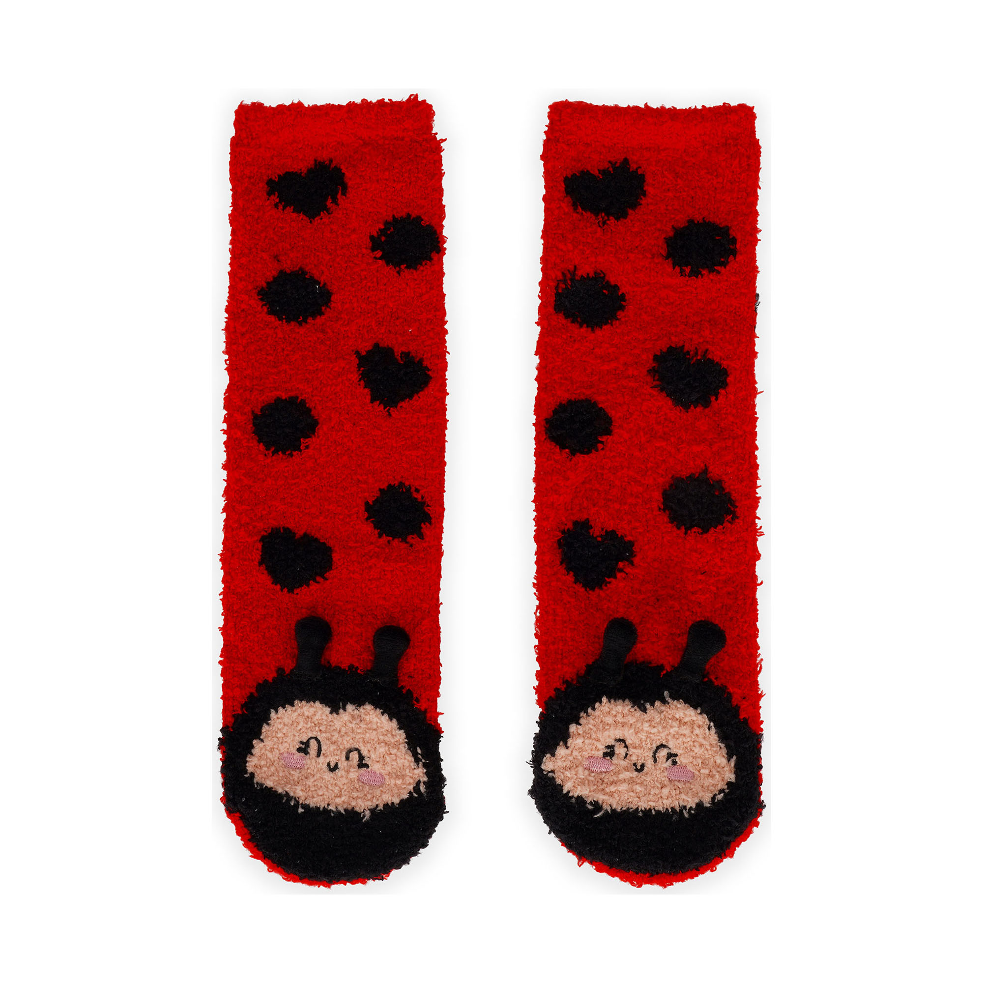 Rutschfeste Socken für Erwachsene – Marienkäfer von Legami: Paar Motivsocken frontal mit Tiergesicht am Bündchen.