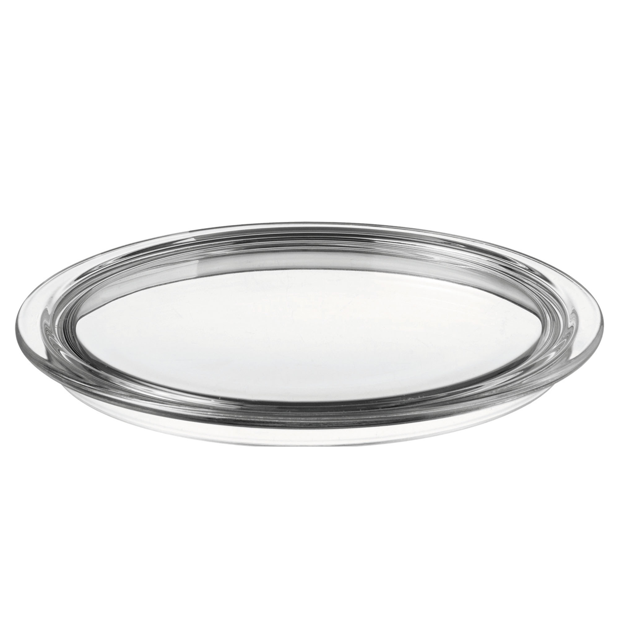 Runde flache Glasplatte aus klarem Glas mit leicht erhöhtem Rand