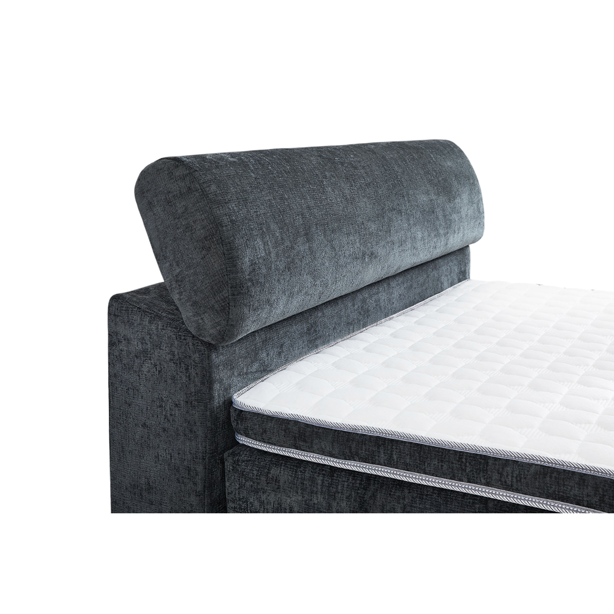Nahaufnahme des Kopfteils eines Boxspringbetts in Grau mit Liegefläche 140×200 cm, Kopfteil im Raster hochgeklappt