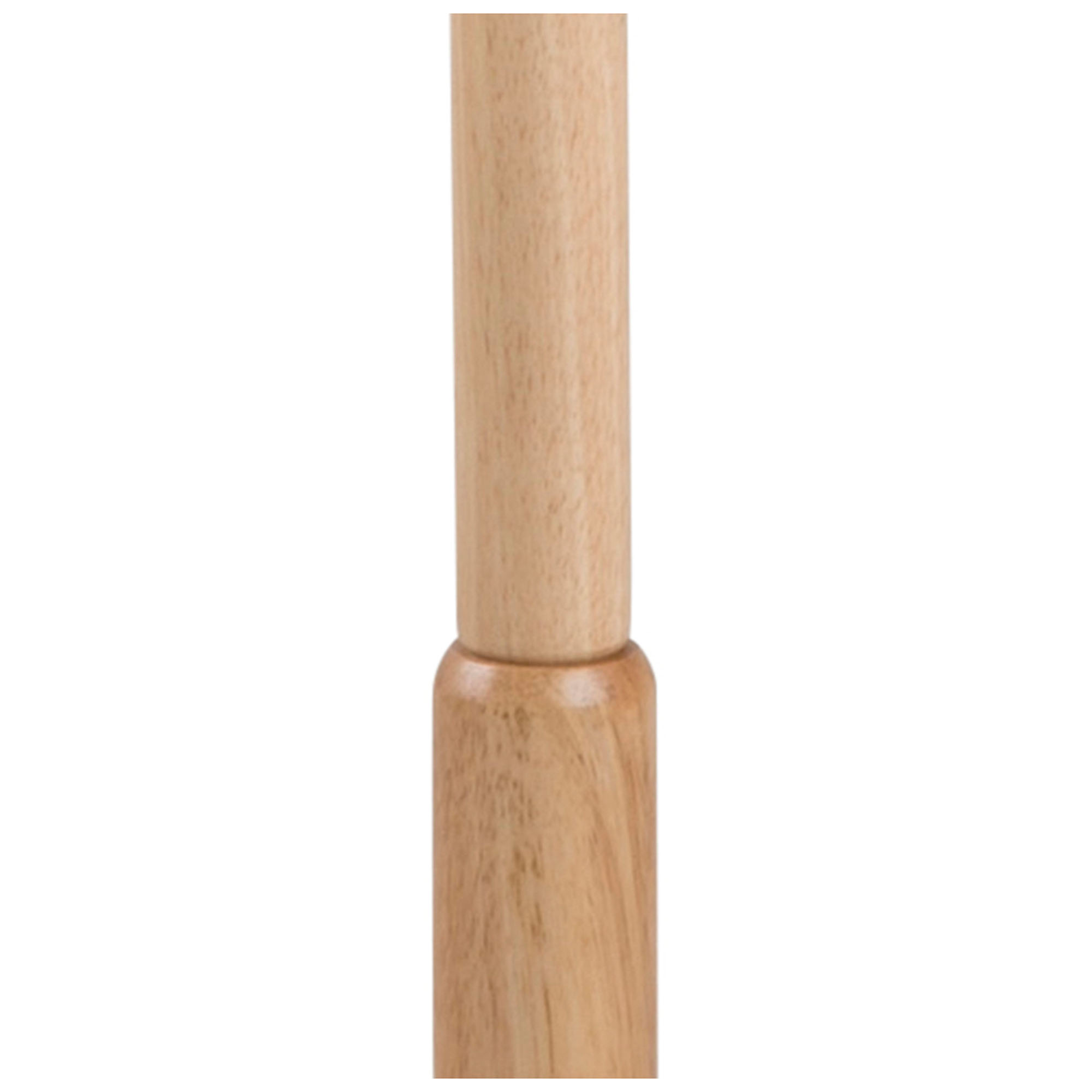 Gerade frontal aufgenommene Nahaufnahme der Verschraubung des Kleiderständers aus Rubberwood-Holzoptik