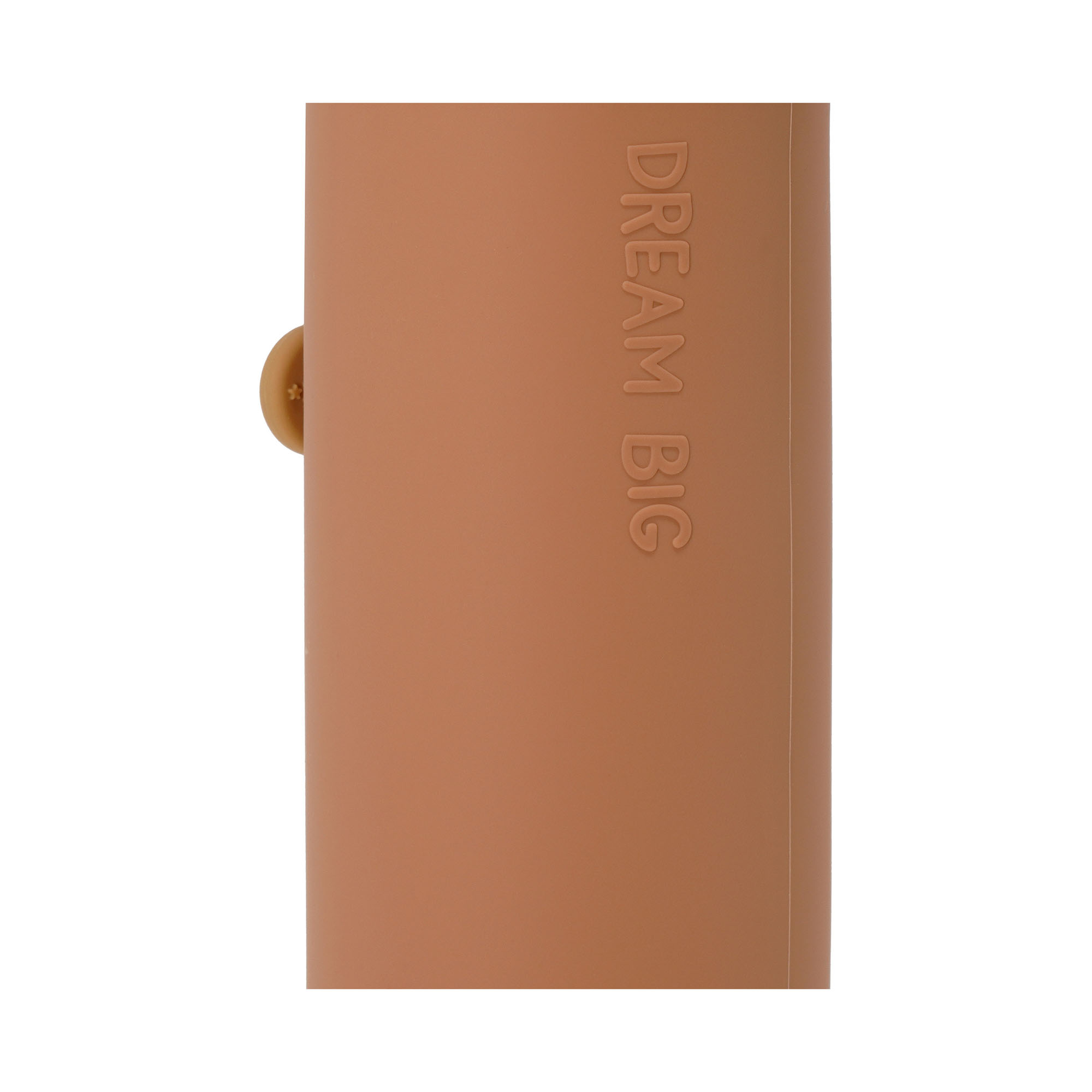 Braunes 2-in-1-Silikon-Federmäppchen im Teddybär-Design, in Nahaufnahme mit brauner Silikonoberfläche und eingeprägter Schrift dargestellt.