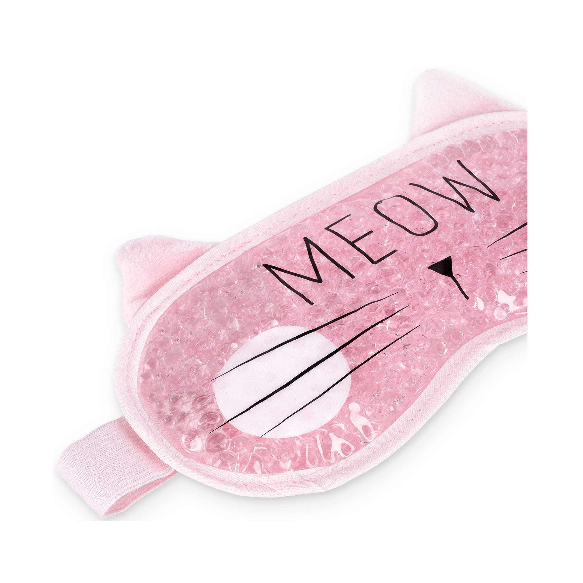 Rosa Gel-Augenmaske im Katzen-Design, schräg von vorn mit glänzender Geloberfläche dargestellt.