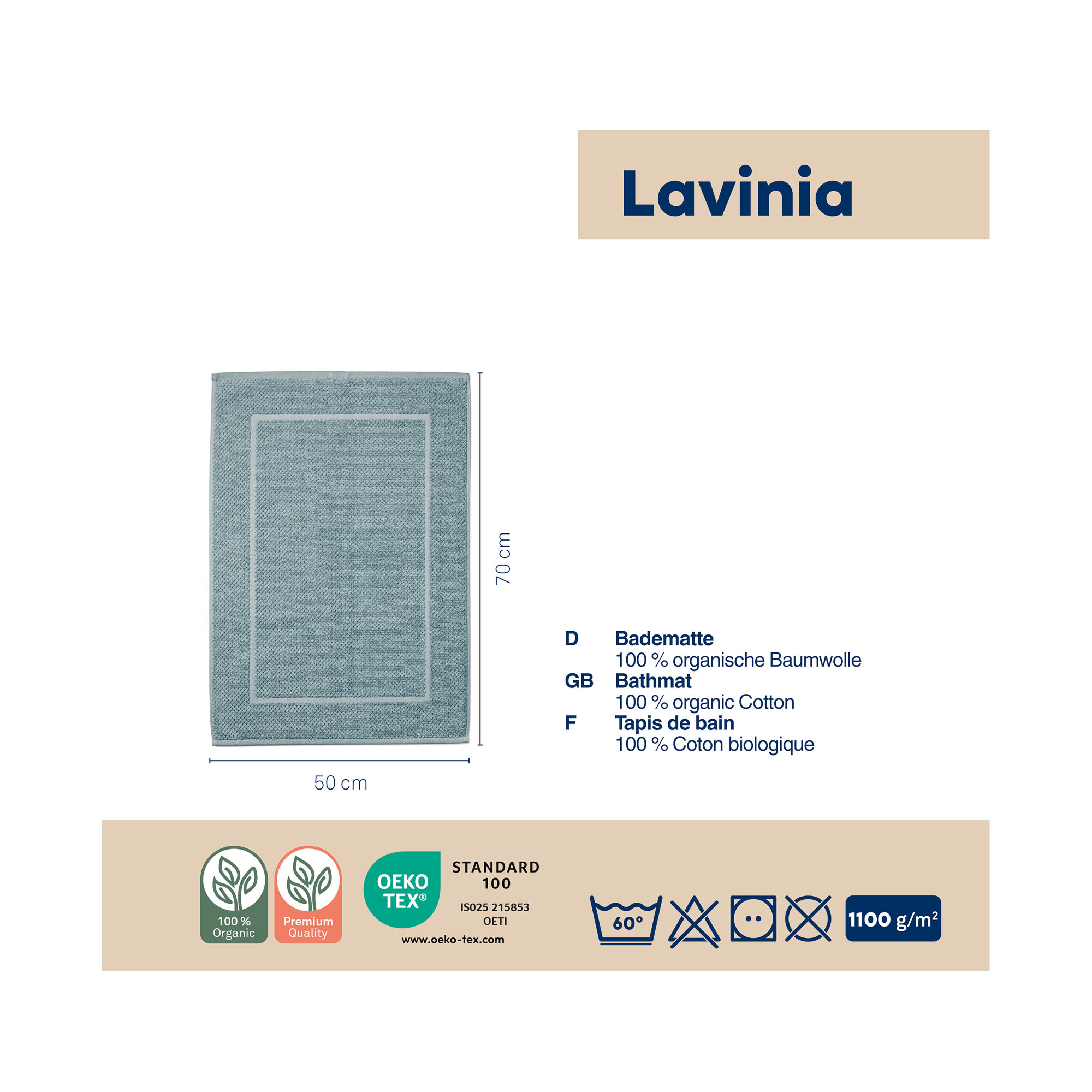 Informationsgrafik mit frostblauem Badvorleger Lavinio und ergänzenden Angaben zu Material und Produkteigenschaften