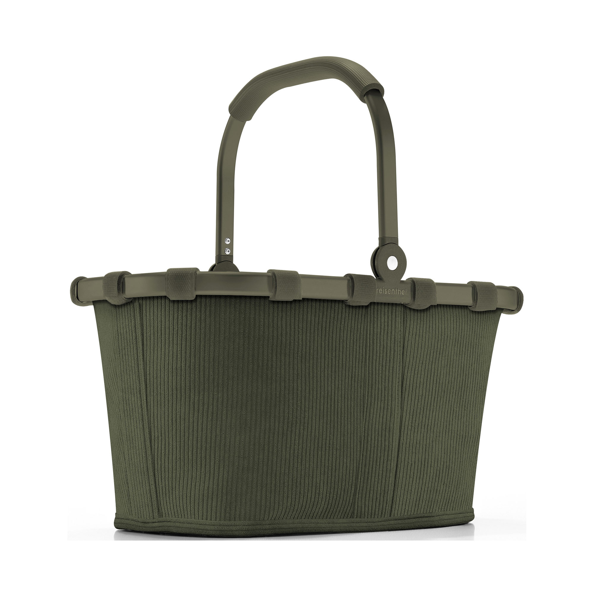 Kleiner Einkaufskorb von Reisenthel, Modell Carrybag XS, in Dunkelgrün aus geripptem Cord, frontal mit hochgestelltem Griff.